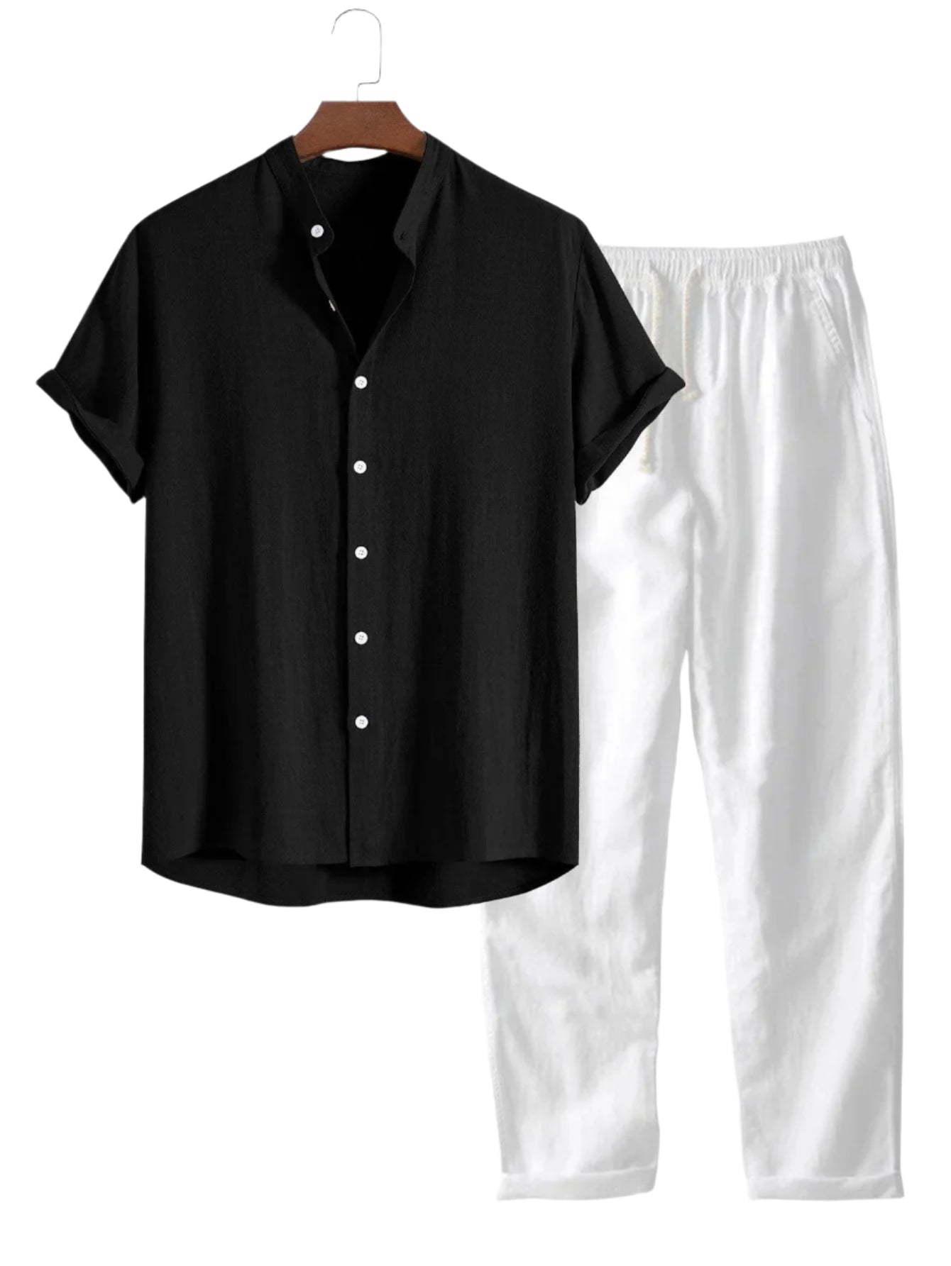 Flat-lay of men’s two-piece shirt and trouser set with buttoned shirt