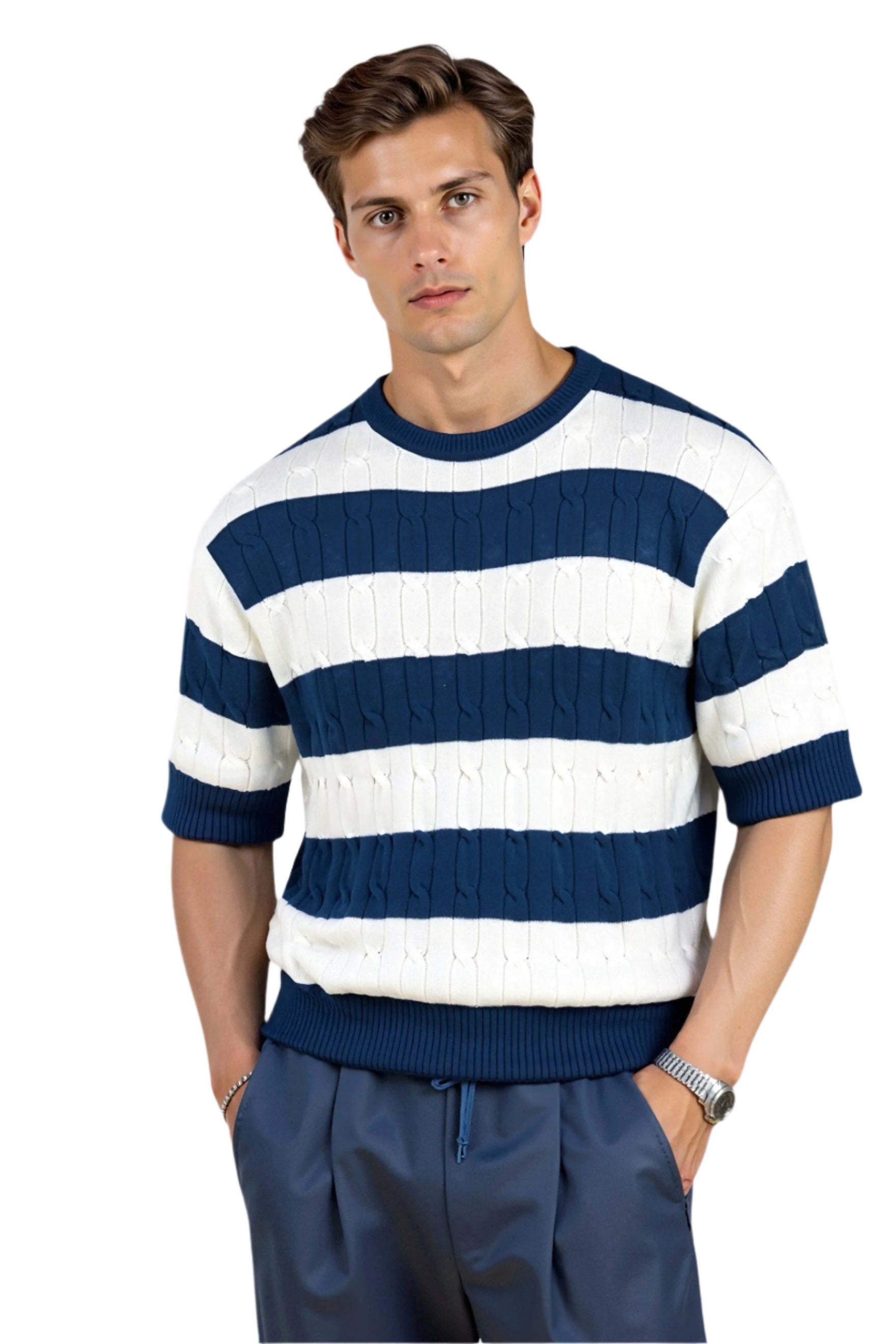 Model in textured knit top with bold stripe design and straight hem