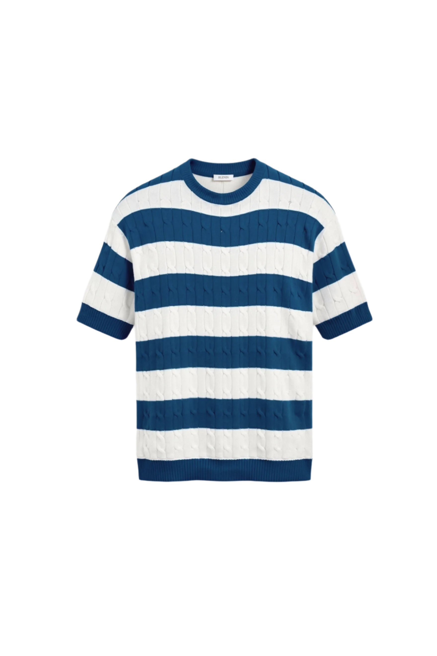 Flat-lay of knit top with stripe pattern and short sleeves