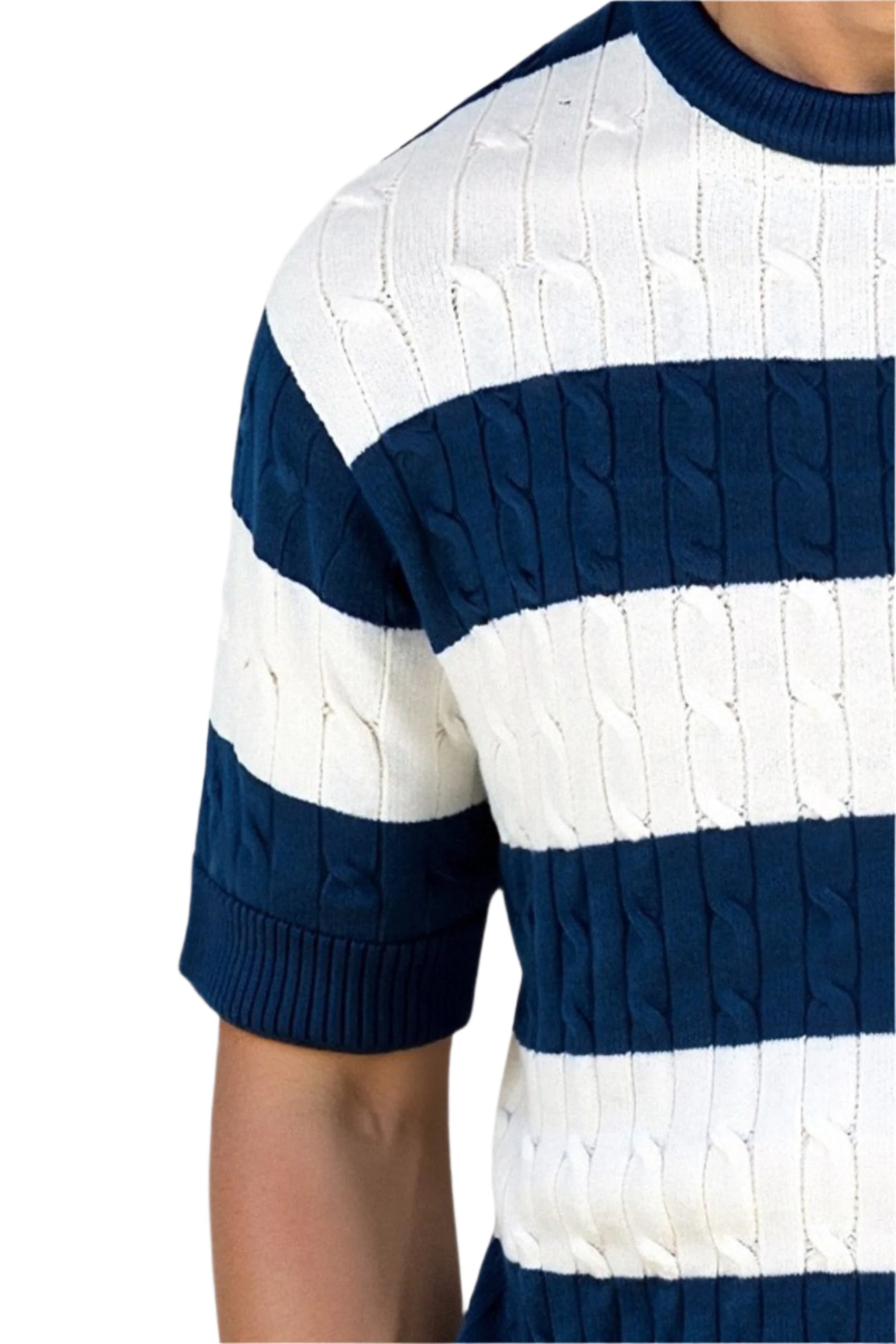 Short sleeve top with ribbed cuffs and crew neck, worn by model