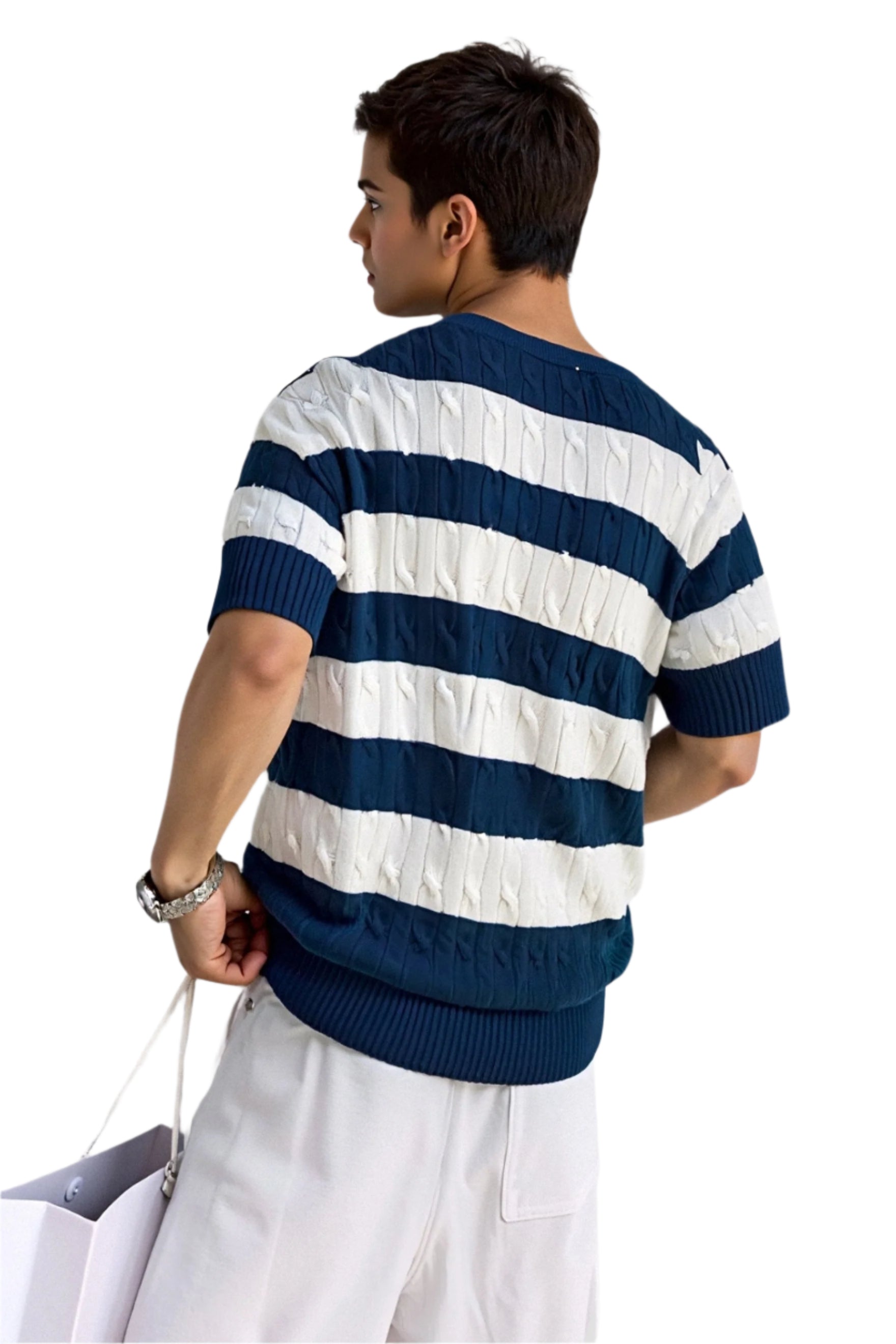 Men’s knit top with wide horizontal stripe pattern and crew neckline