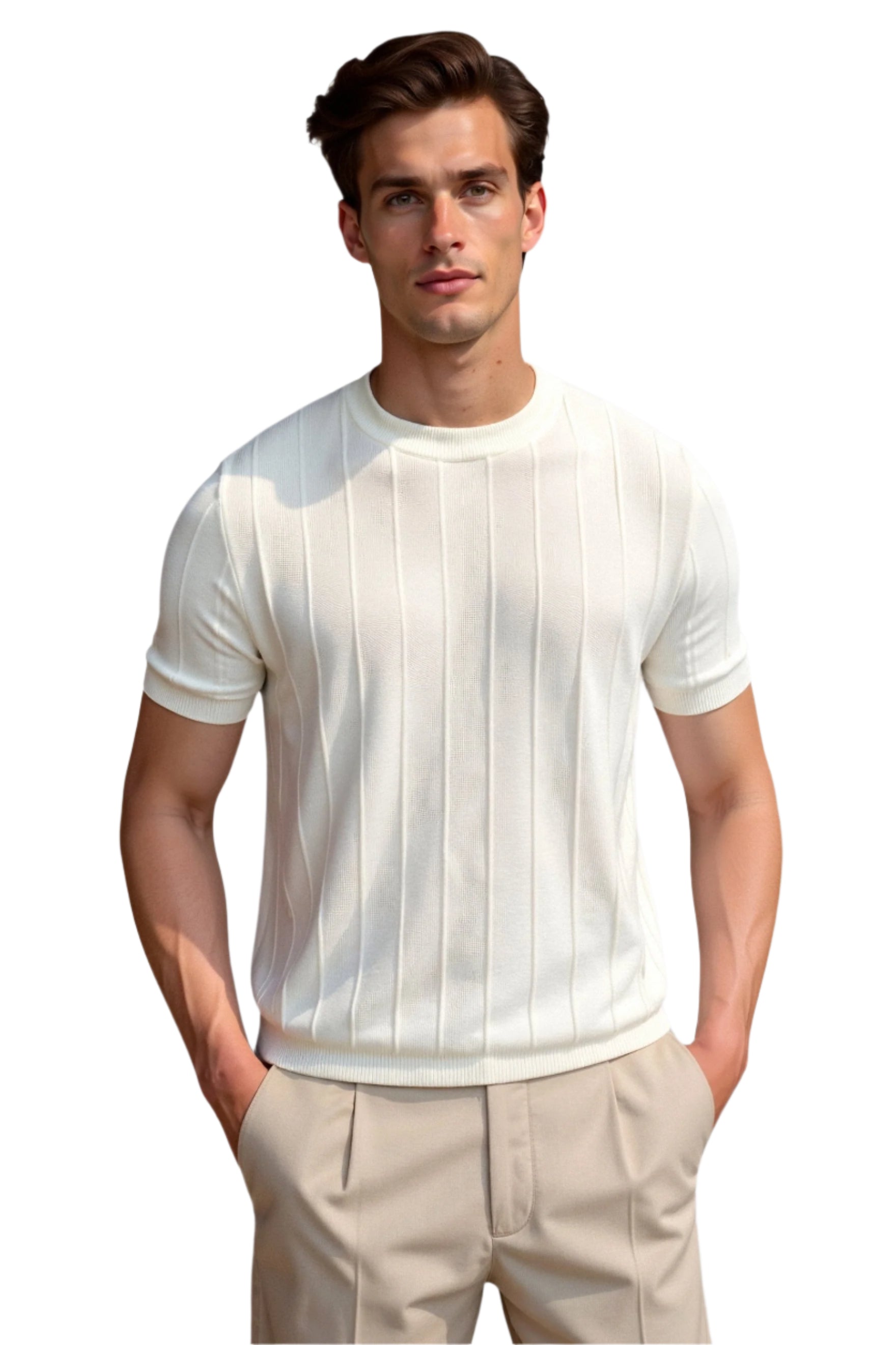 Model in knit shirt with structured pattern and round neckline