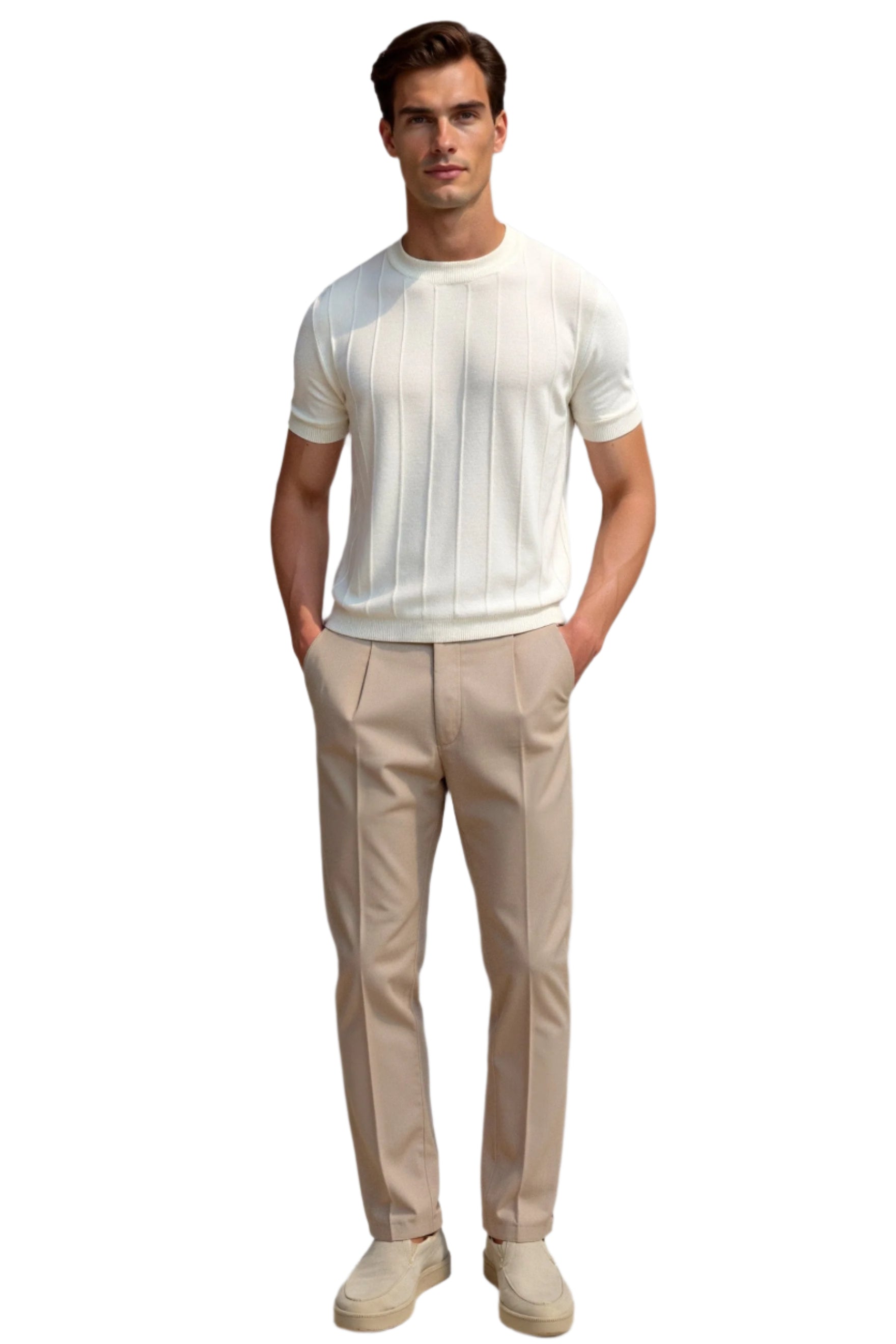 Short sleeve sweater-style top with fine rib texture, shown on model
