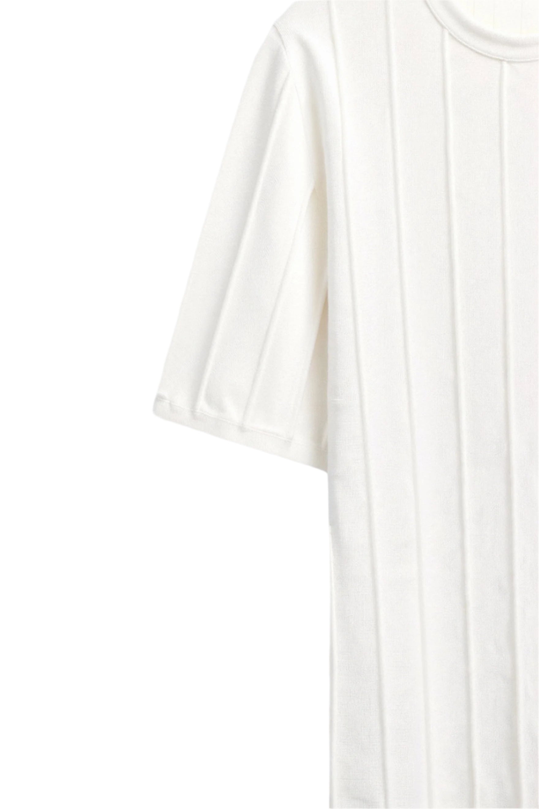Flat-lay of textured short sleeve top with round neck and straight hem