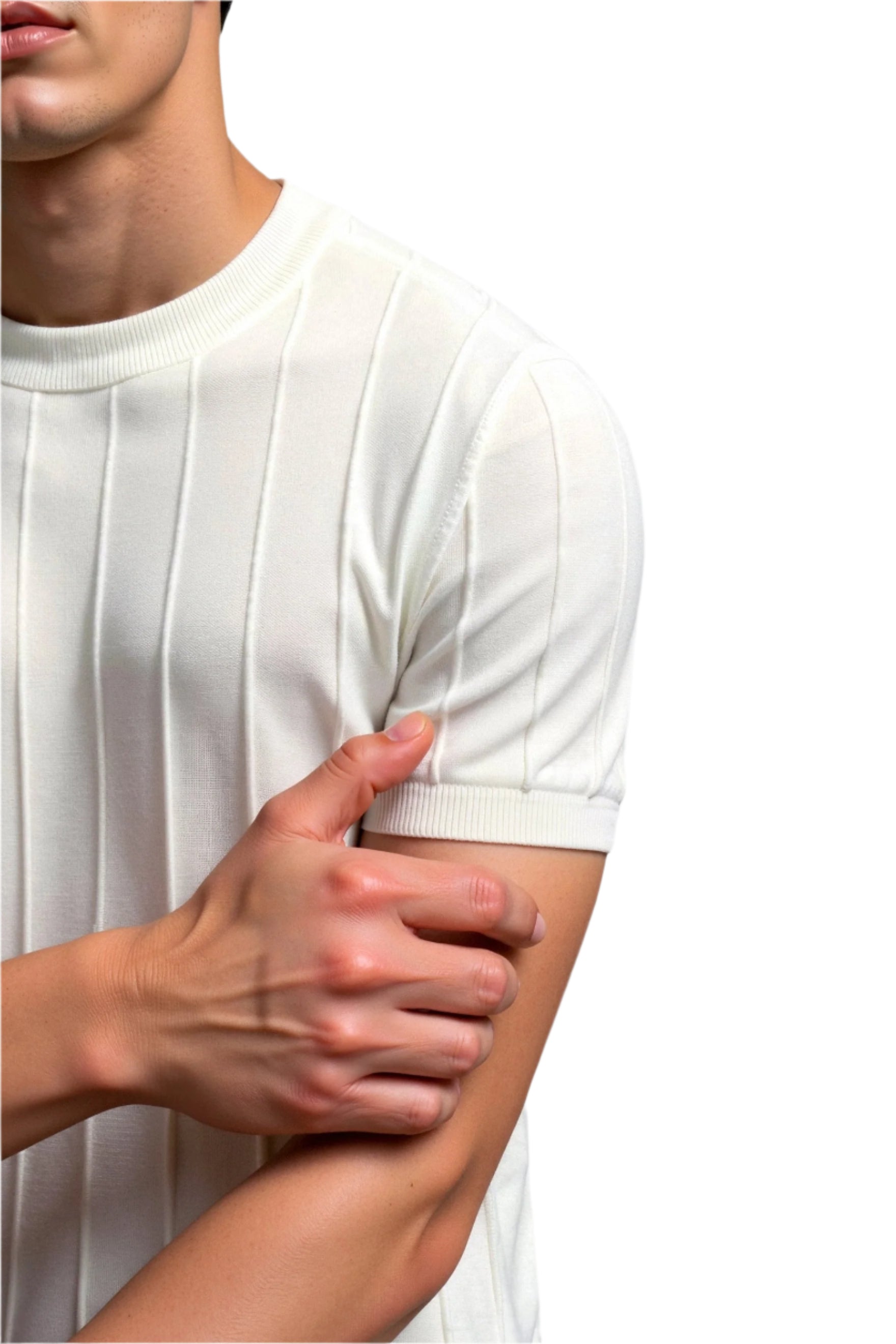 Men’s ribbed knit top with crew neck and fitted cuffs, worn by model