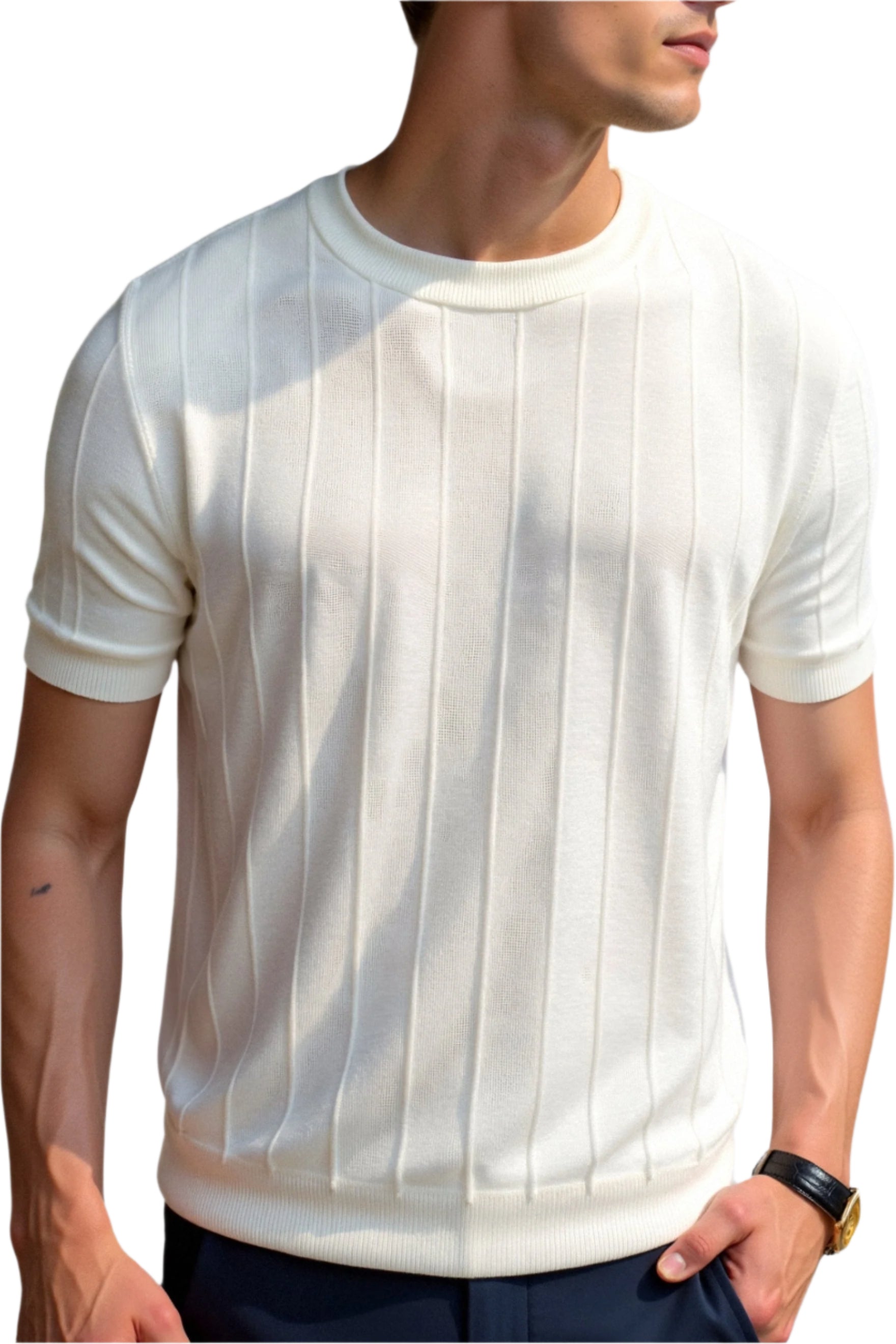 Model wearing short sleeve knit top with vertical textured pattern