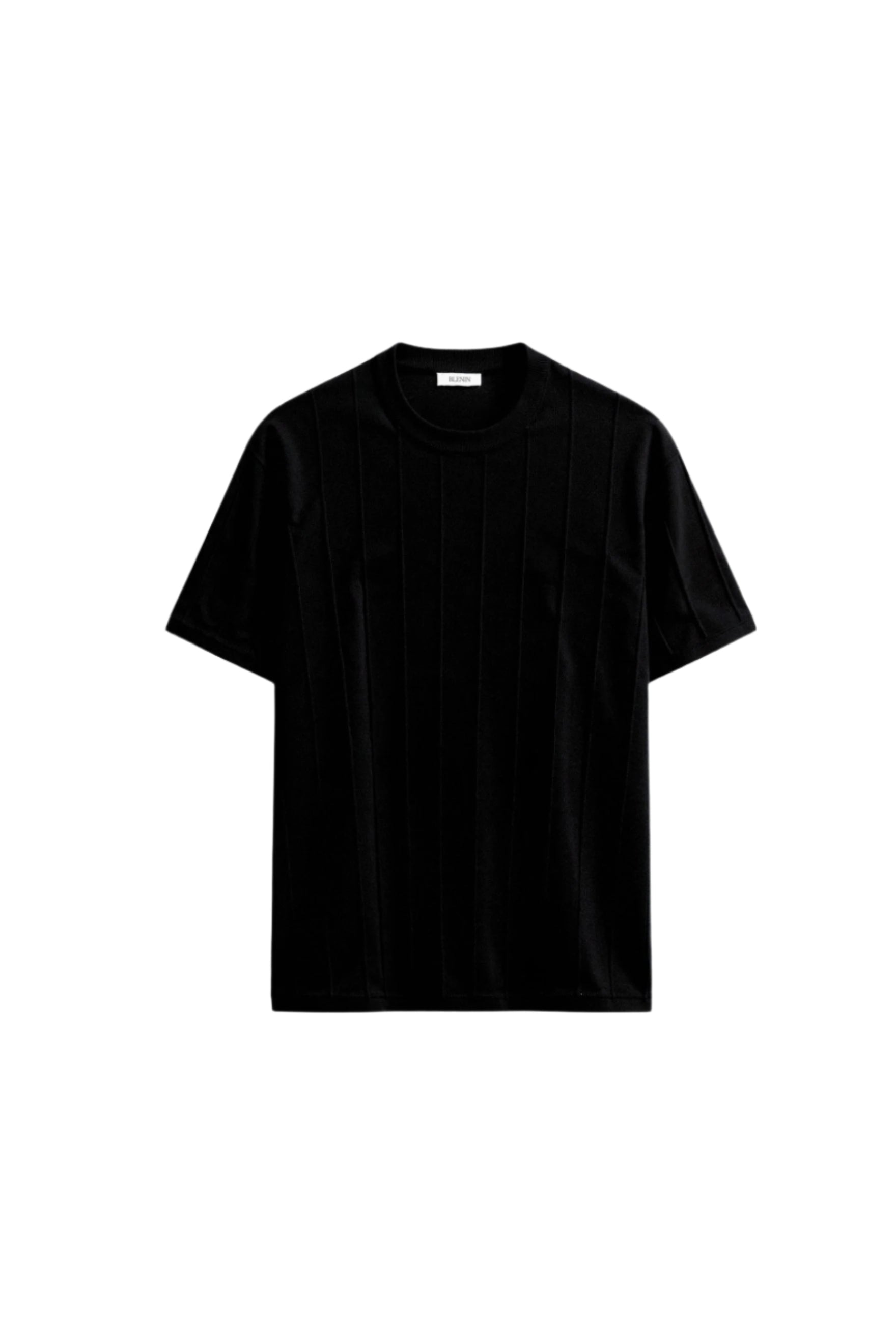 Flat-lay of short sleeve knit top with ribbed edges and vertical lines