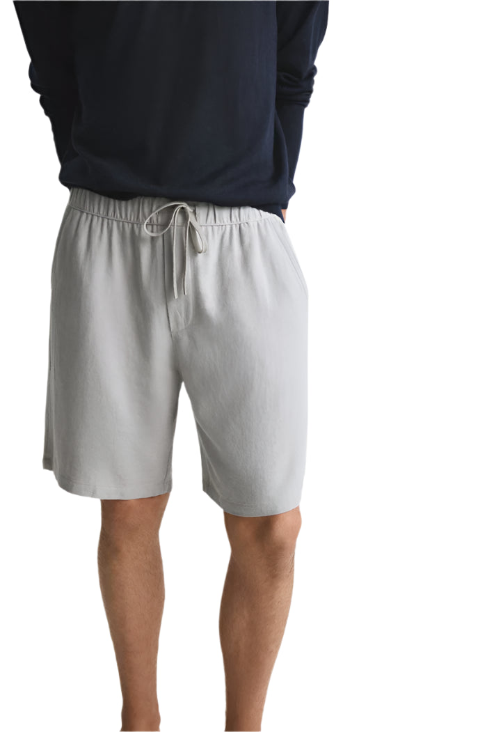 Model wearing shorts with side pockets and straight hemline