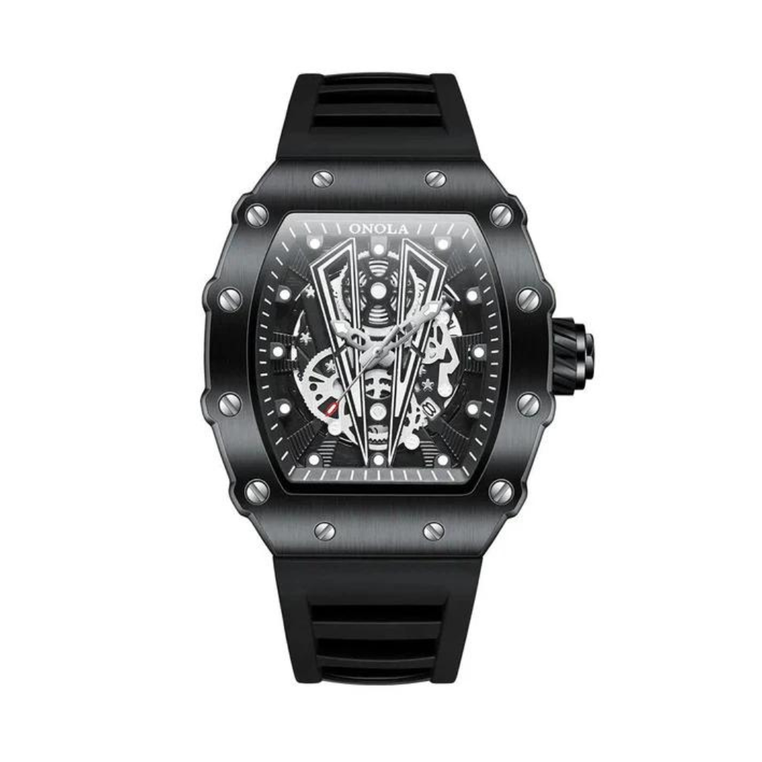 Wristwatch with open face, case screws, and strap texture, laid flat