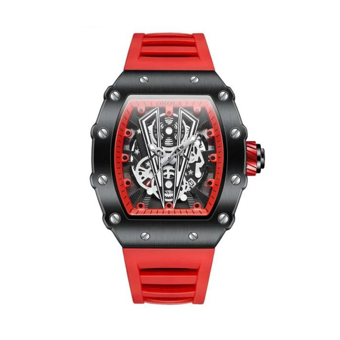 Flat-lay of wristwatch with exposed movement and textured bezel