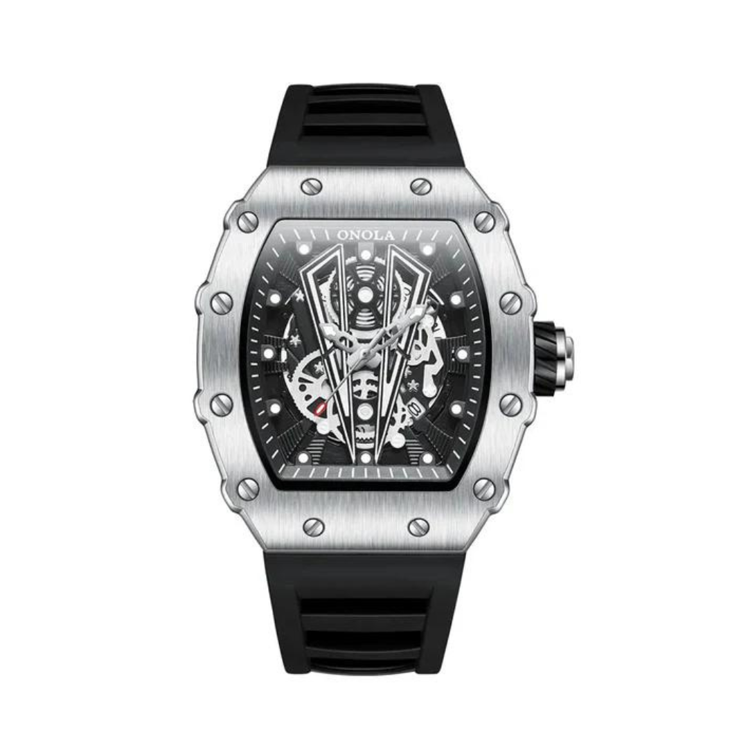 Wristwatch with open face, case screws, and strap texture, laid flat
