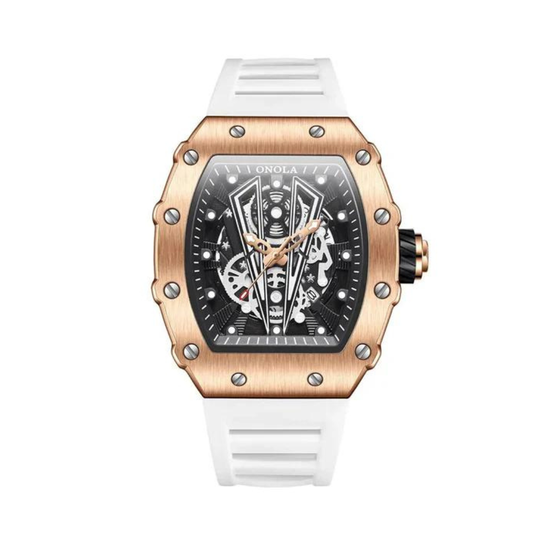 Flat-lay of men’s watch with see-through dial and raised bezel