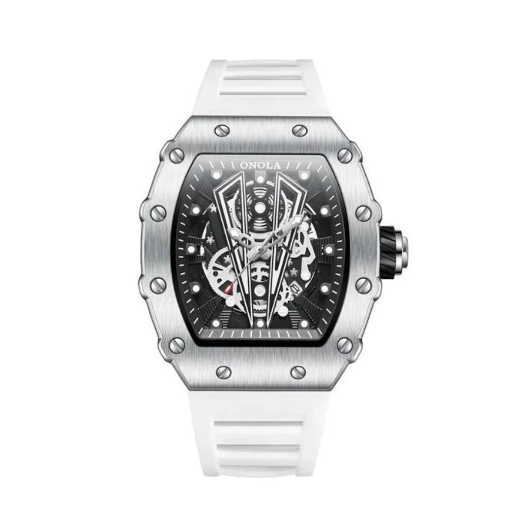 Skeleton dial wristwatch with curved case and prominent crown, flat-lay