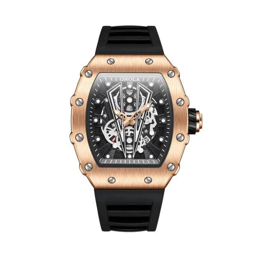 Flat-lay watch with gear detailing and segmented case edges