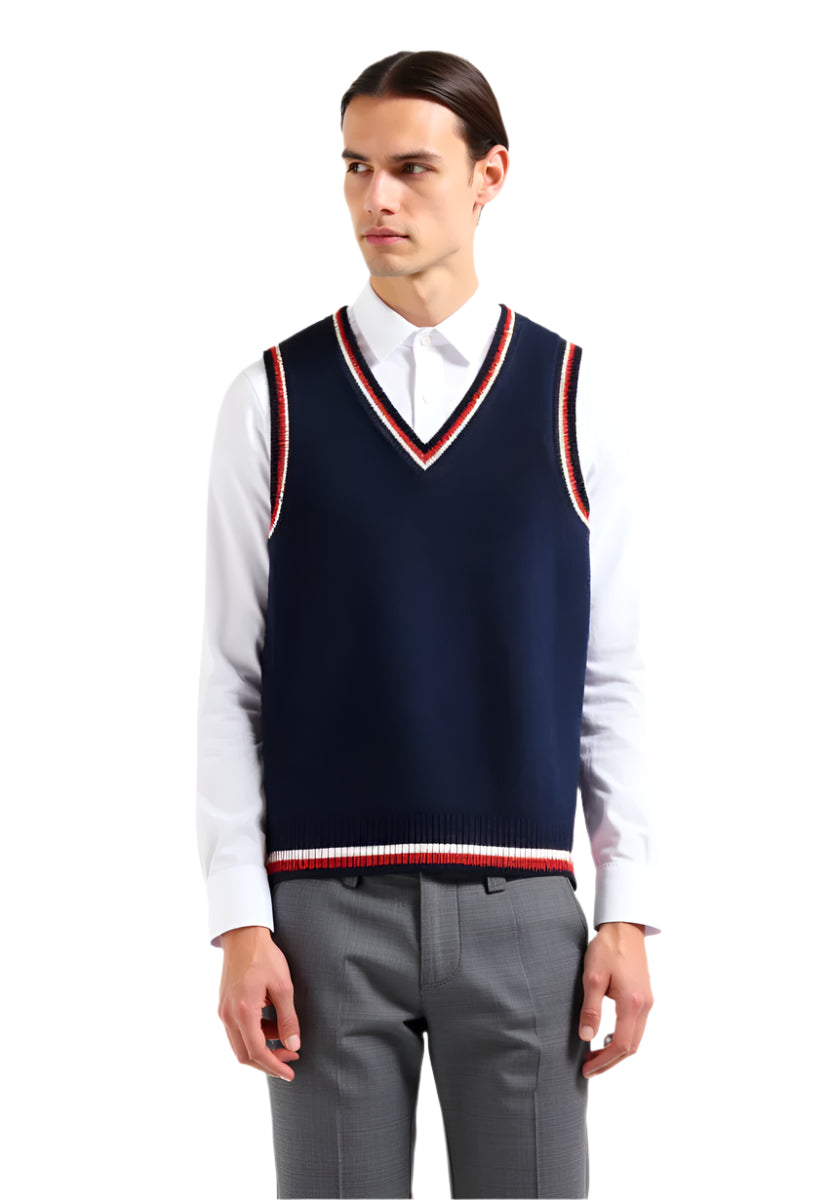 Model wearing sleeveless sweater with ribbed hem and structured neckline
