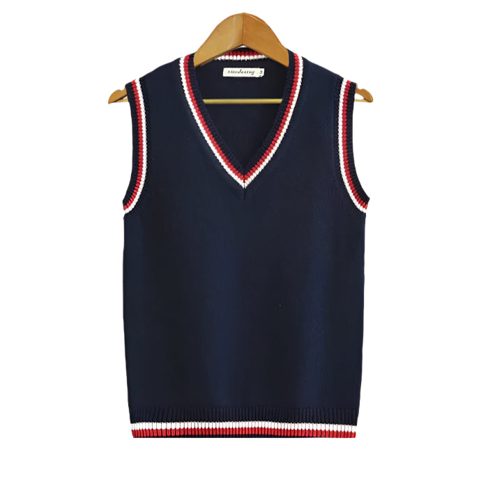 Sleeveless top with structured knit and simple neckline, displayed on hanger