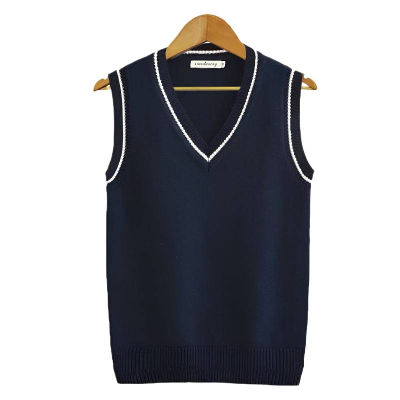 Hanger view of men’s sweater vest with ribbed edging