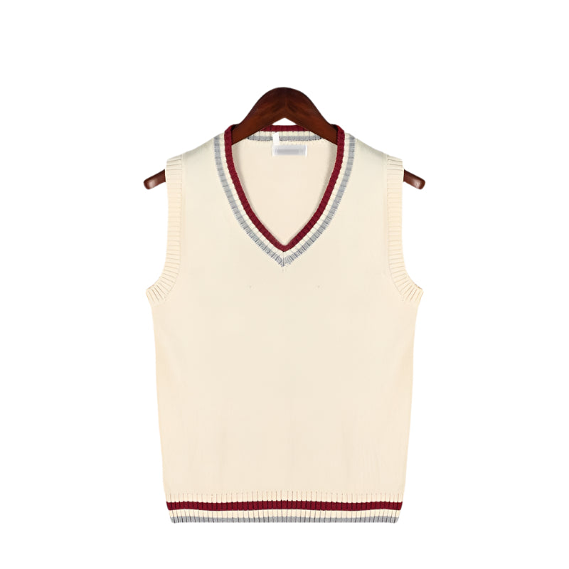 Sweater vest with round neckline and sleeveless cut, hanging on display