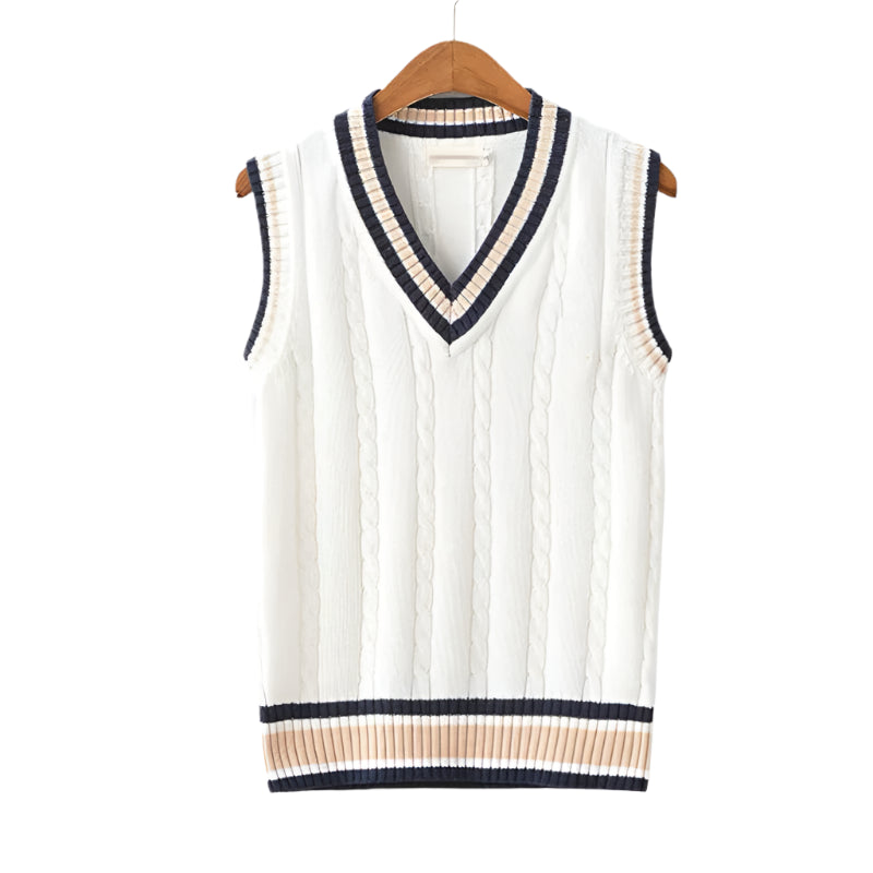 Men’s pullover vest with straight hem and visible seams, on hanger