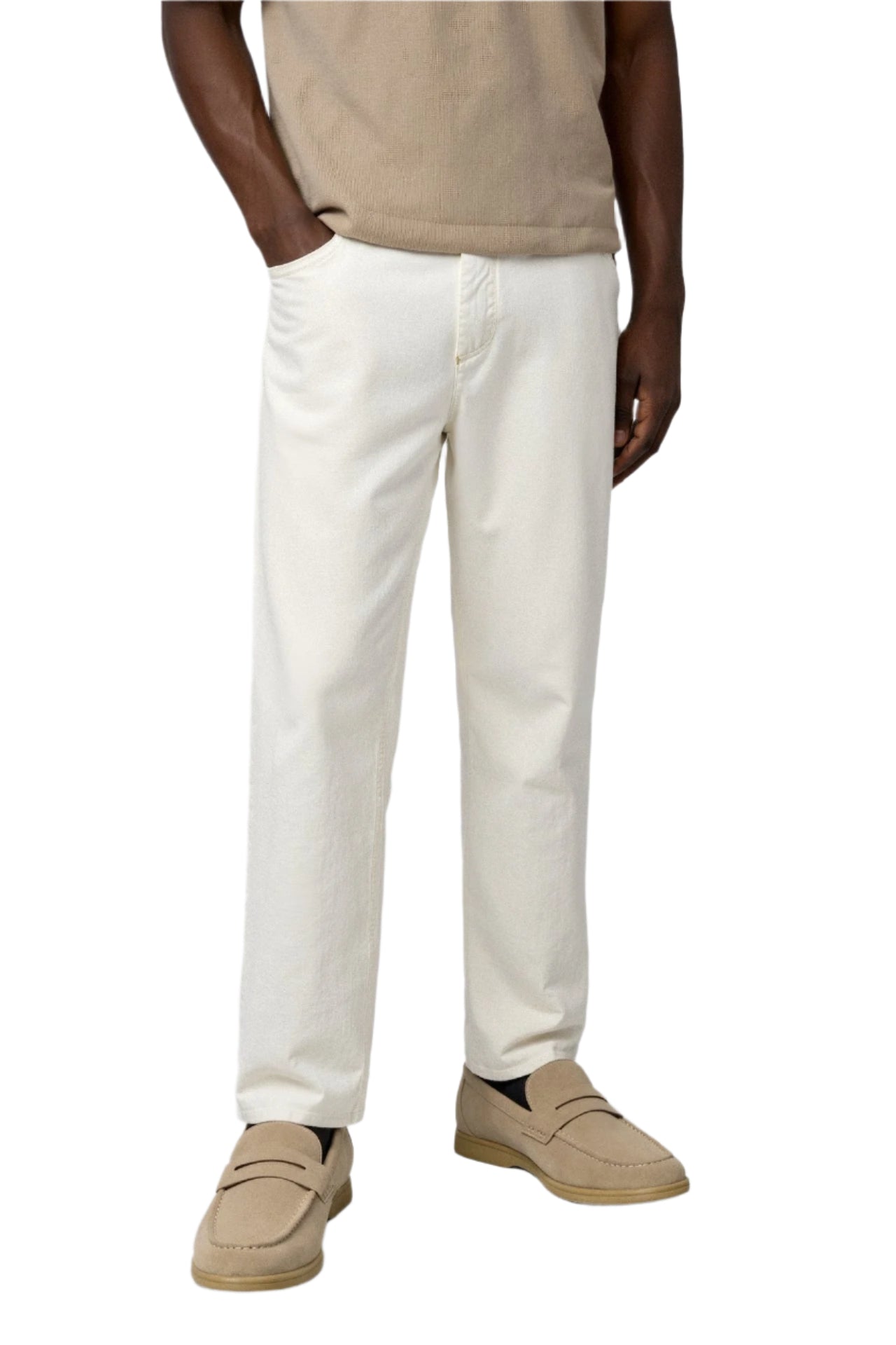 Side view of slip-on loafers with clean silhouette, shown on model