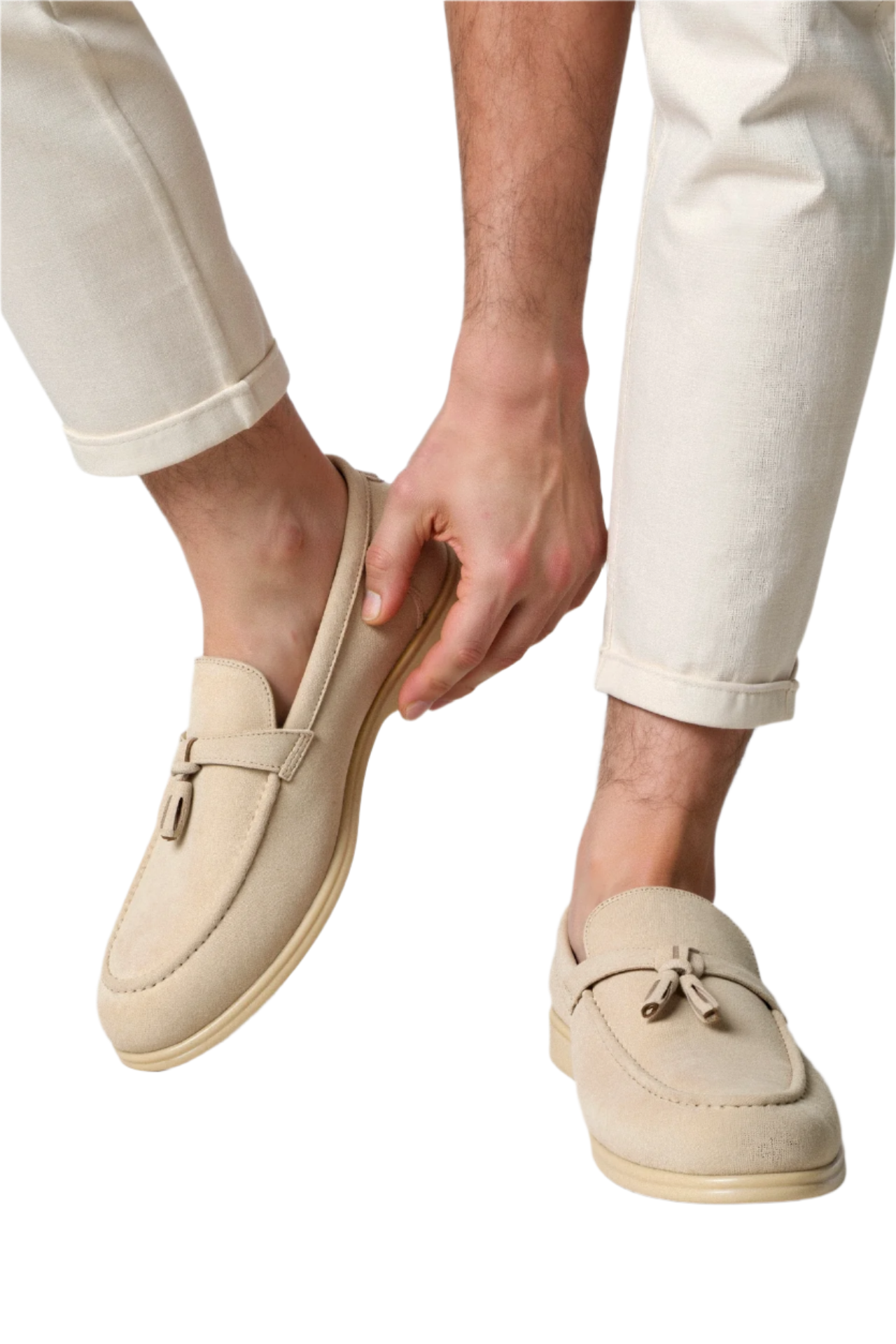 Profile view of rounded loafers styled for casual setting