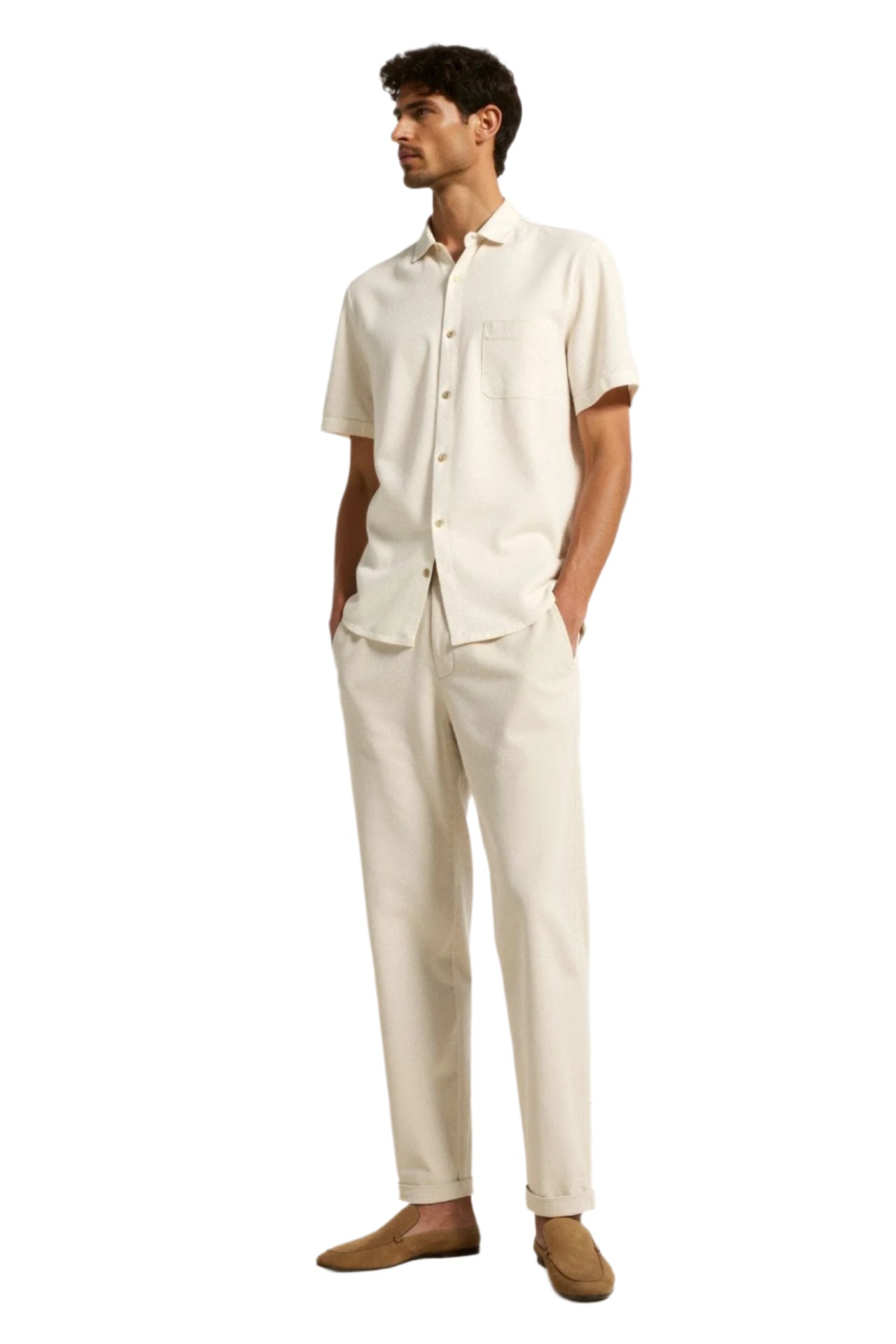 Model in full-length pants with structured seams and visible pockets
