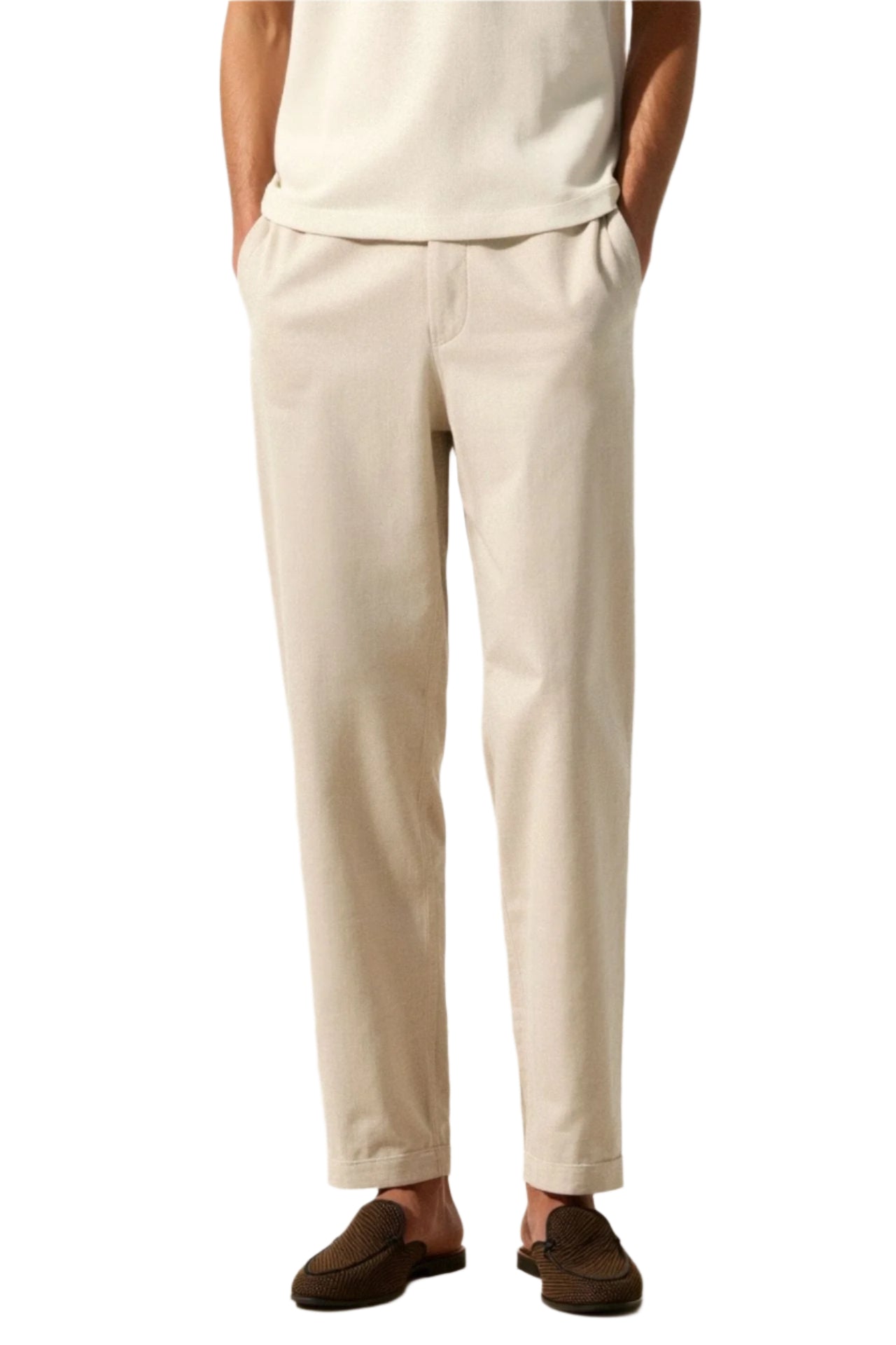 Pants with standard waistband and straight cut, shown on model