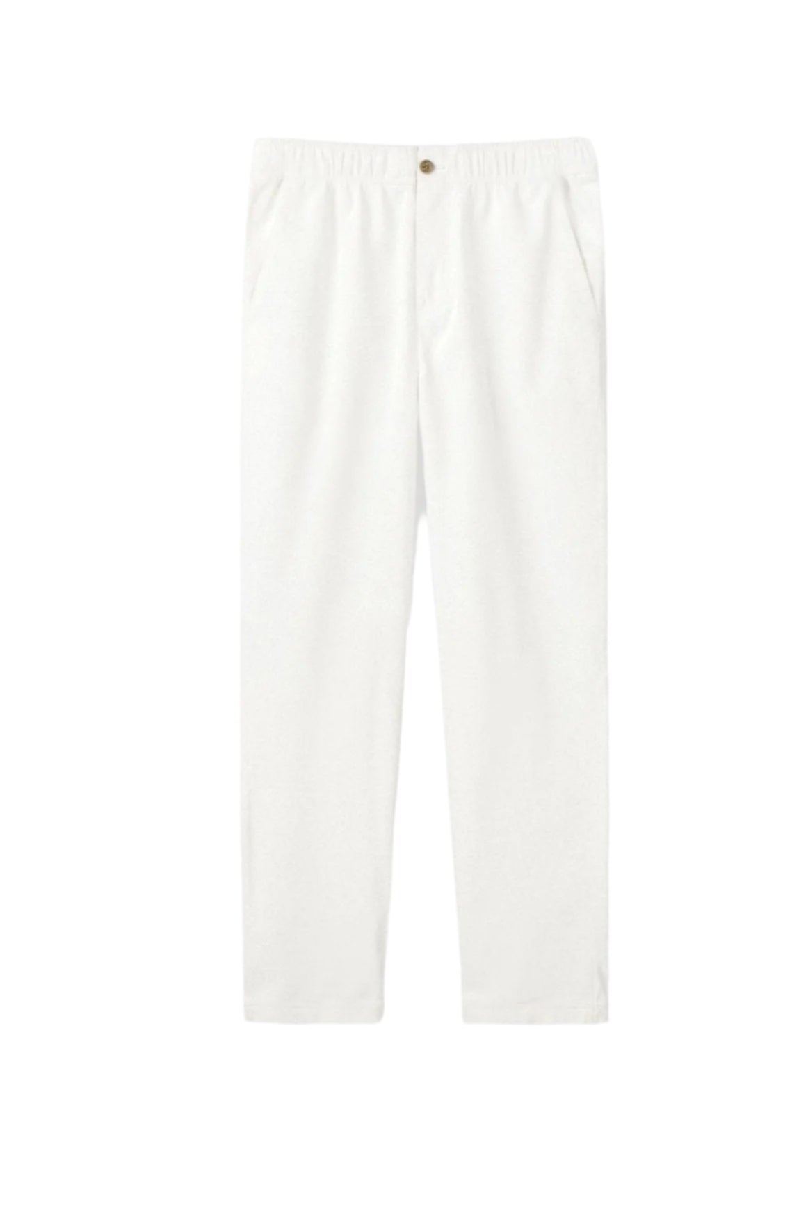 Pants with button closure and visible belt loops, laid flat