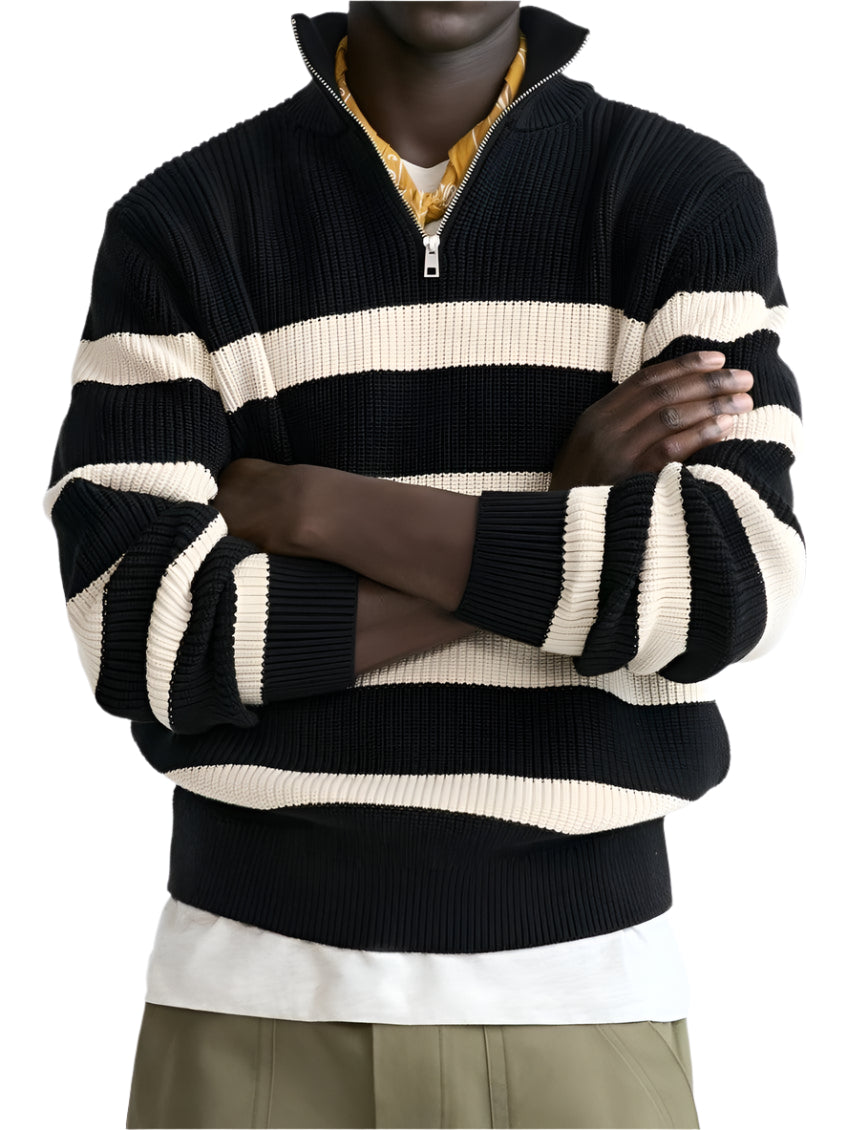 Model wearing striped half-zip sweater with ribbed cuffs and collar
