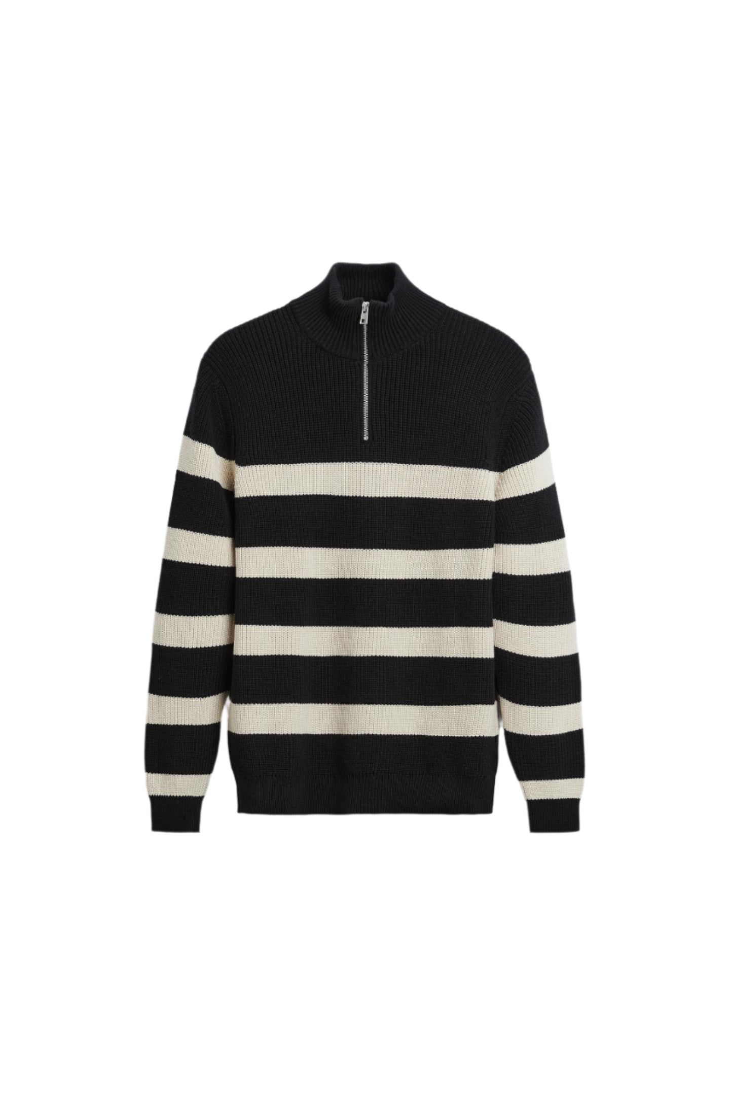 Flat-lay of men’s zip sweater with horizontal stripes and structured neckline