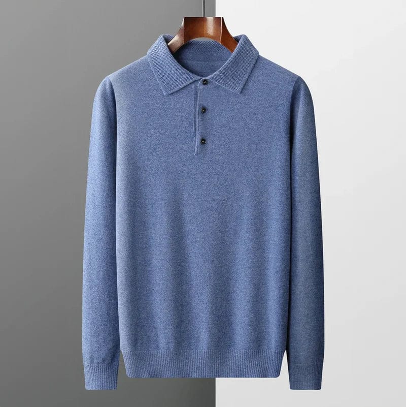 Men’s sweater with ribbed cuffs and long sleeves, displayed on hanger