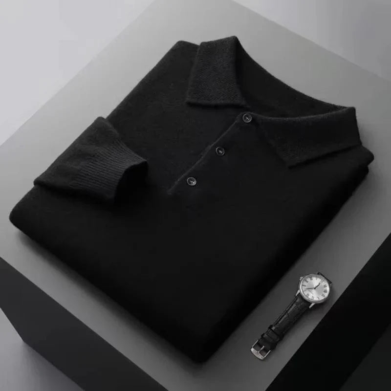 Men’s sweater with ribbed edges and visible seams, laid flat