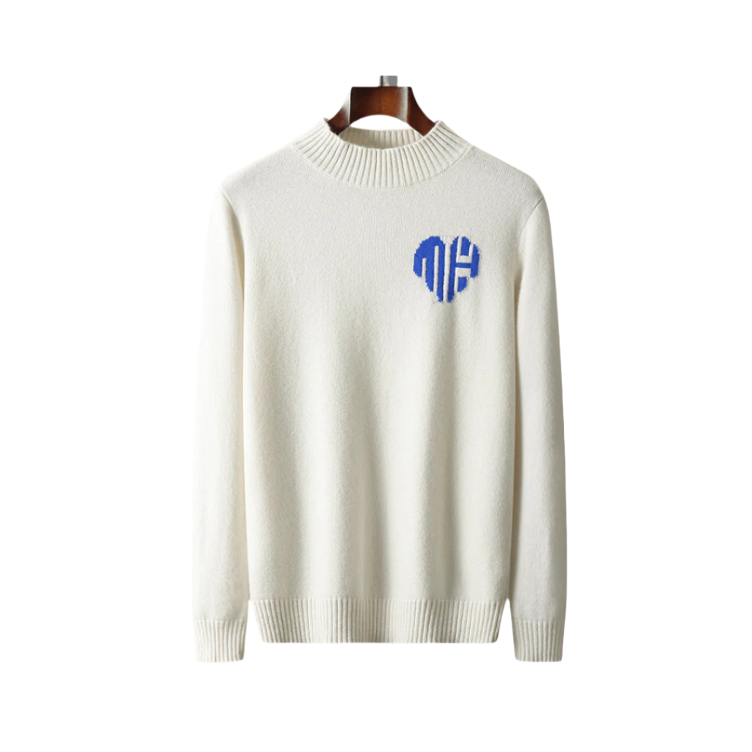 Men’s knit sweater with ribbed edges and round neckline, hanging on display