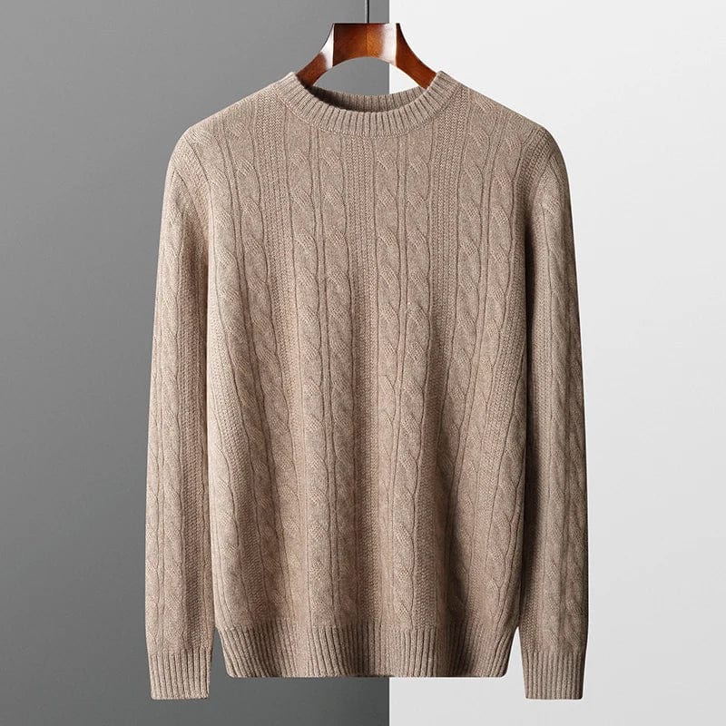 Textured sweater with long sleeves and ribbed hem, displayed on hanger