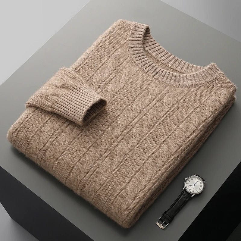 Long sleeve pullover with ribbed hem, laid flat on surface