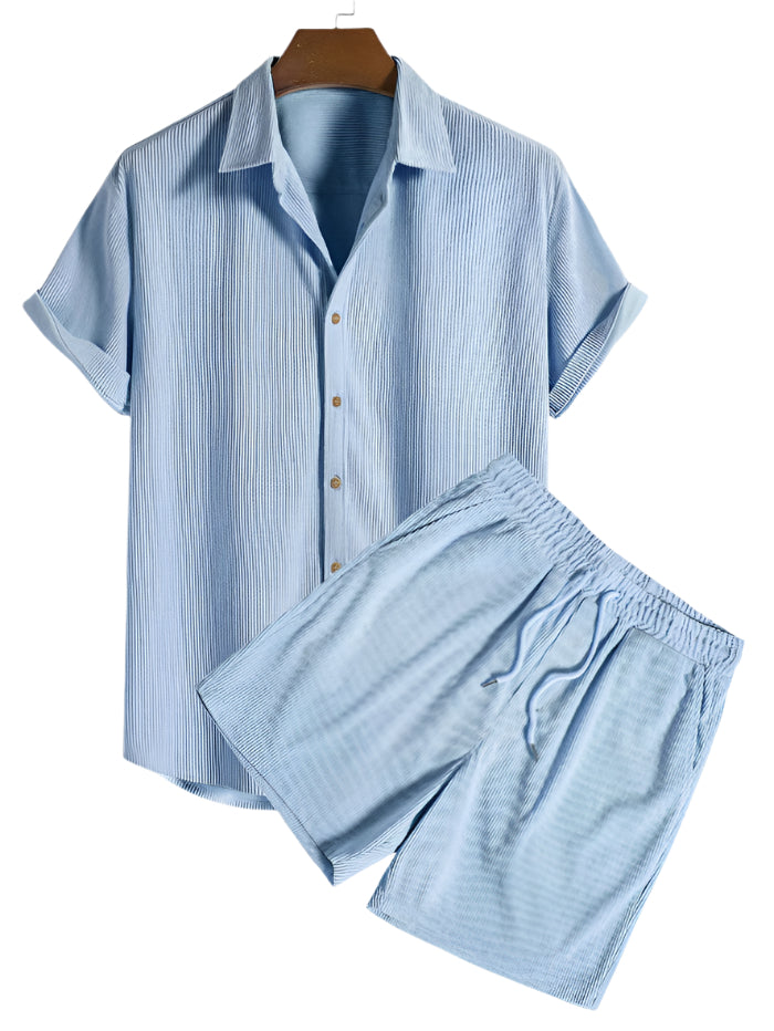 Shirt and shorts combo with straight seams and visible placket, flat view