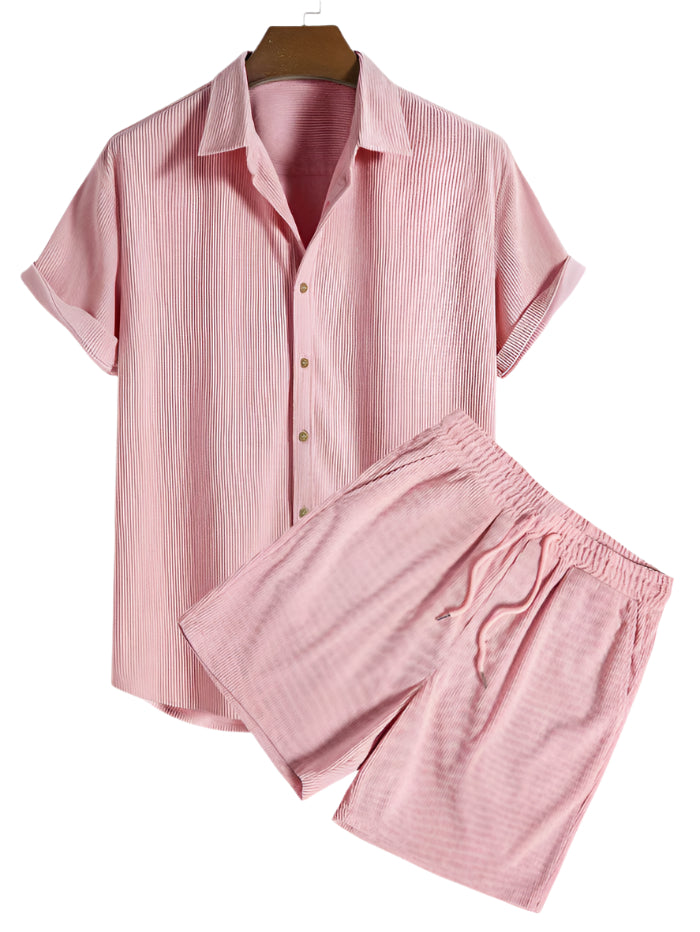 Flat-lay of shirt and shorts set with button front and collar