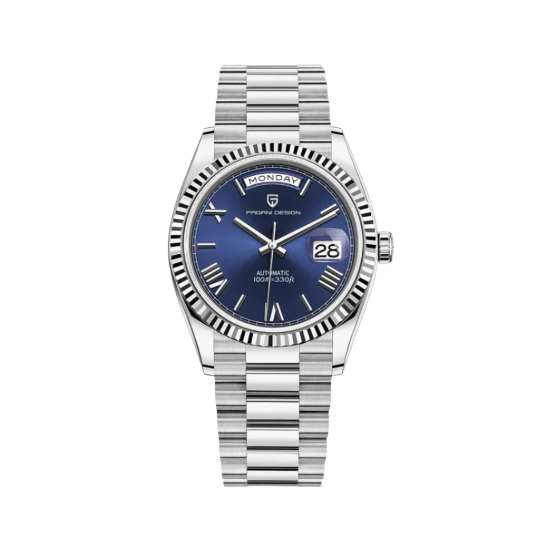 Men’s wristwatch with traditional chain link band, displayed flat