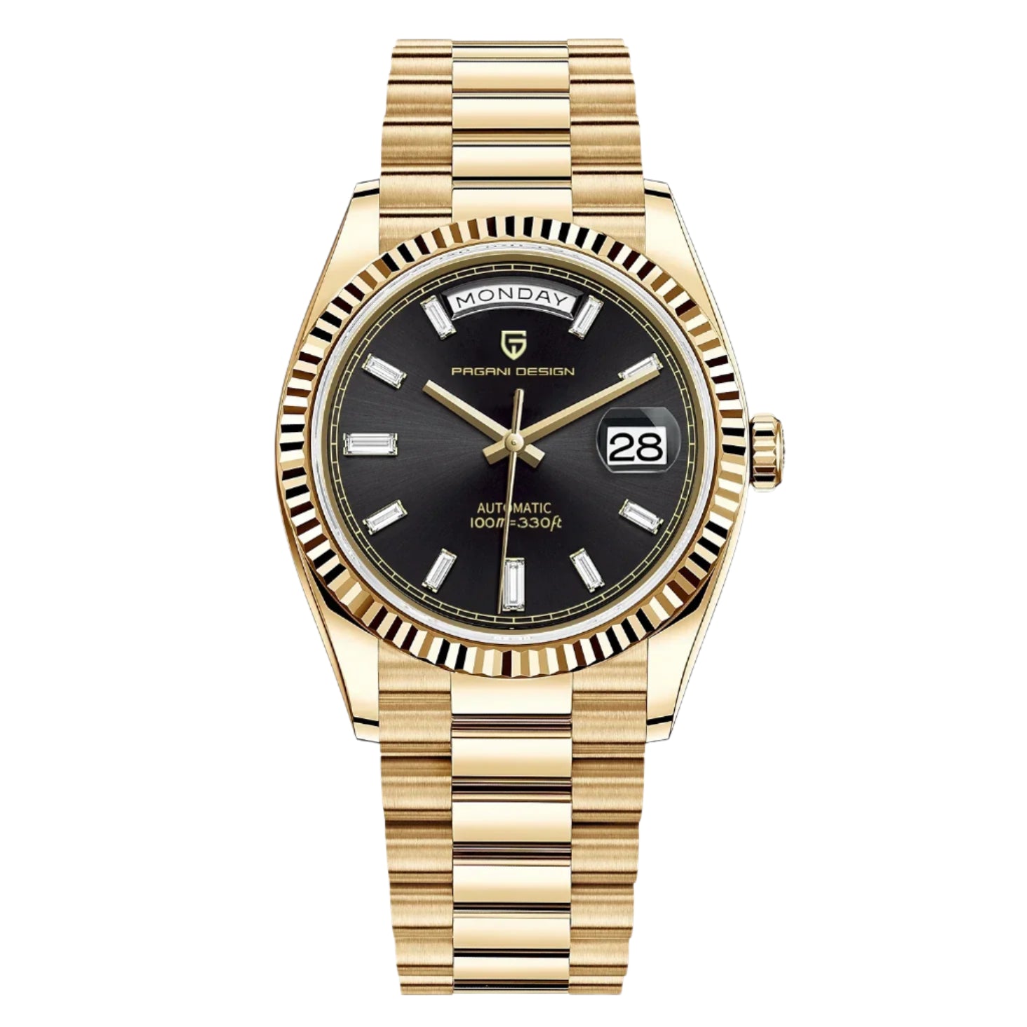 Round dial watch with chain strap and smooth case, laid flat