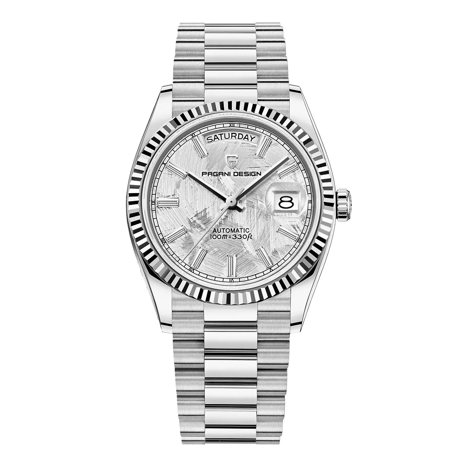 Watch with circular case and interlocking strap links, flat on surface