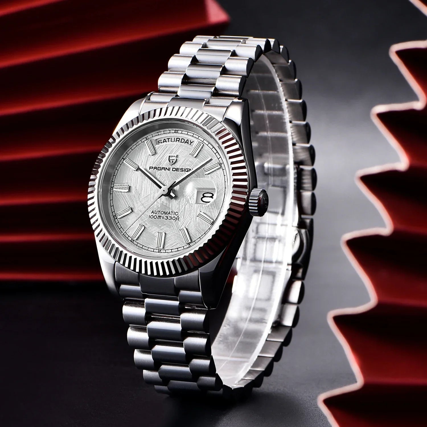 Wristwatch with round bezel and chain-style bracelet, displayed flat