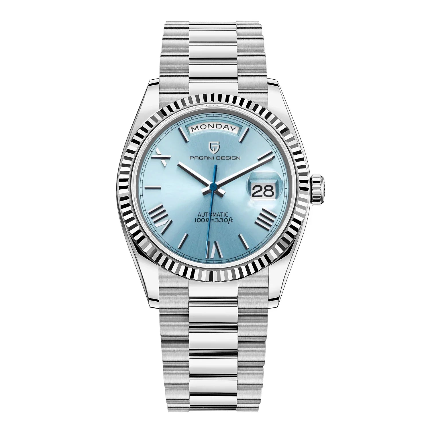 Flat-lay of men’s wristwatch with round dial and chain strap