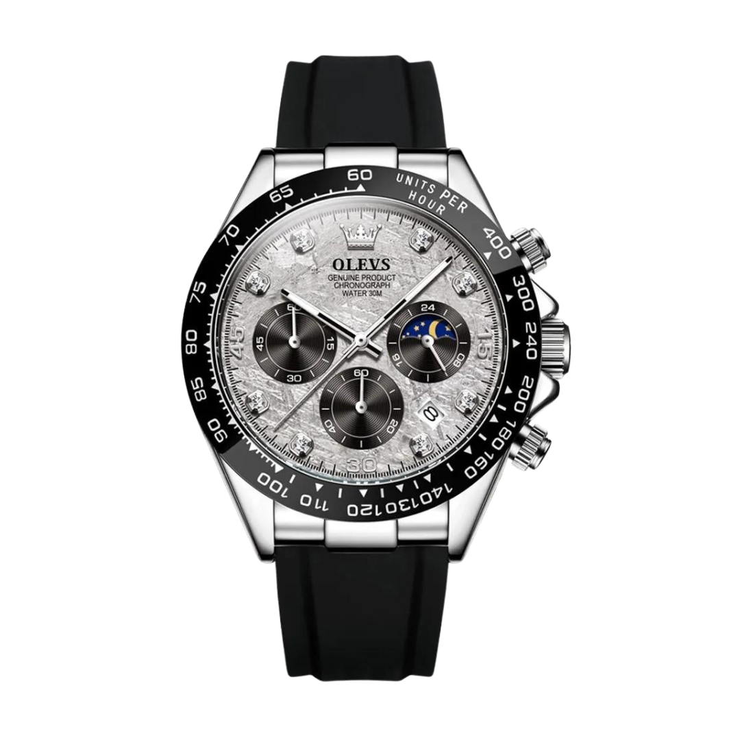 Wristwatch with marked bezel and interlocked strap, laid flat