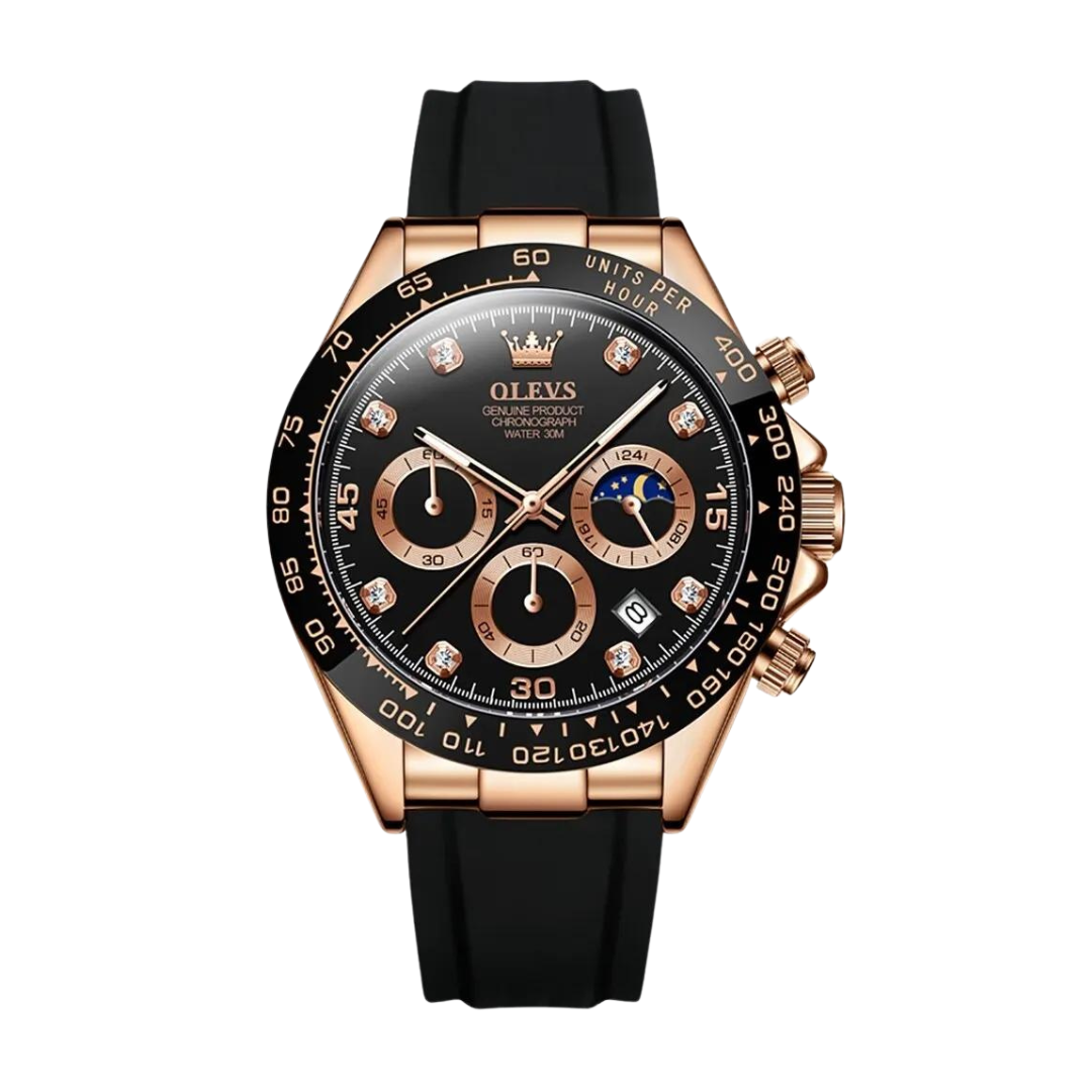 Flat-lay men’s watch with detailed dial and chain bracelet