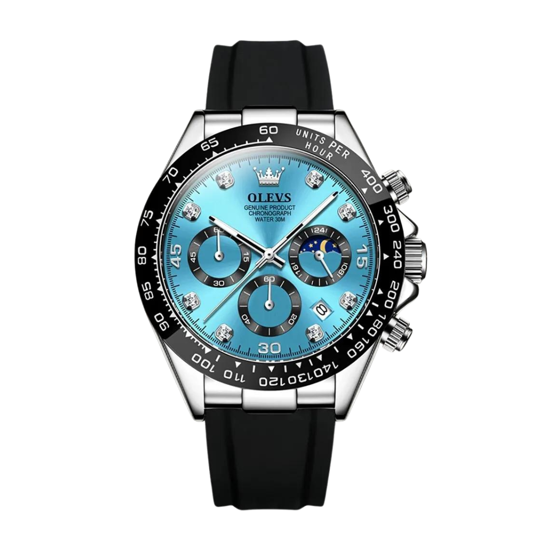 Round dial watch with adjustable clasp and structured strap, laid flat