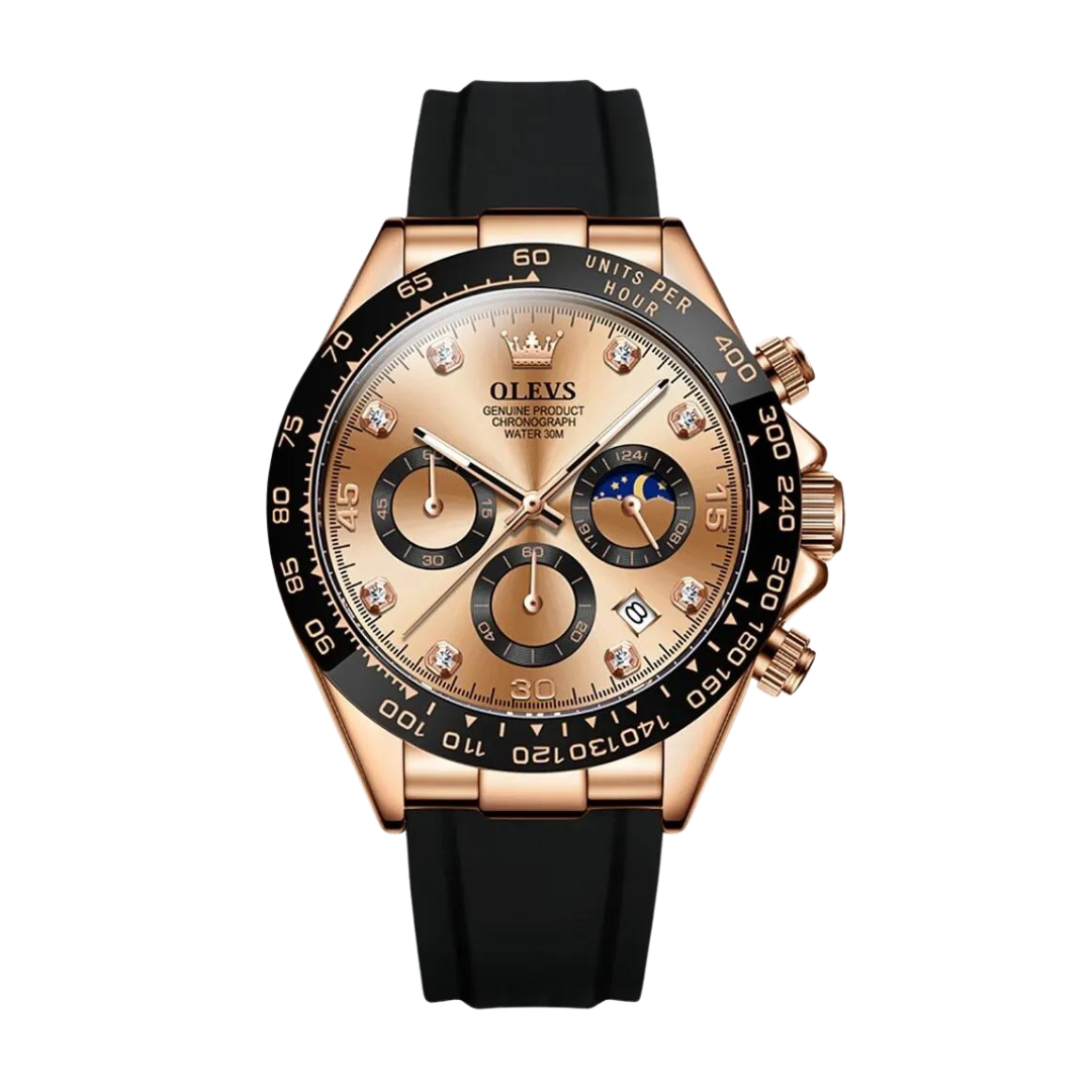 Wristwatch with detailed face and segmented strap, laid flat
