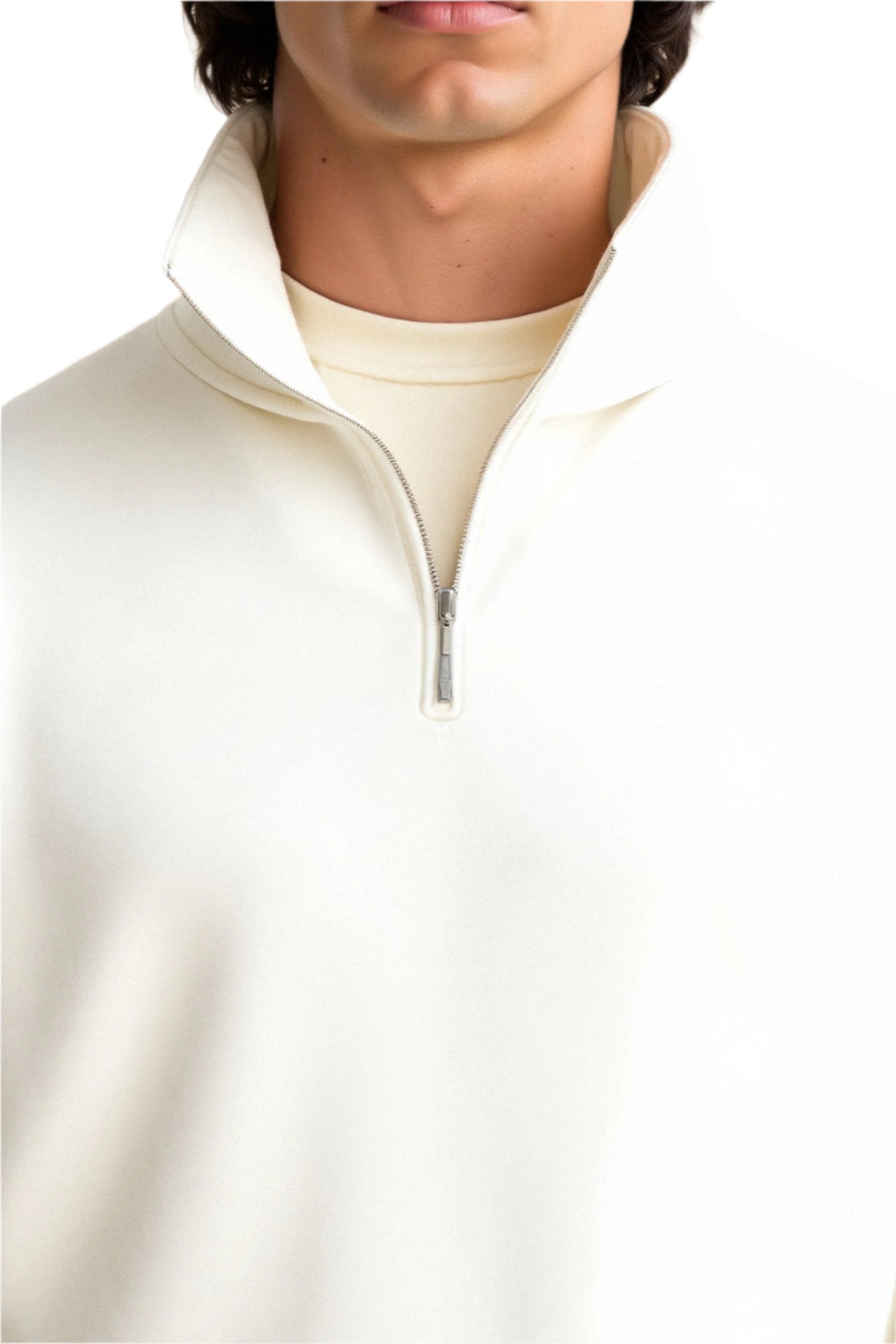 Men’s pullover sweater with front zipper and long sleeves, shown on model