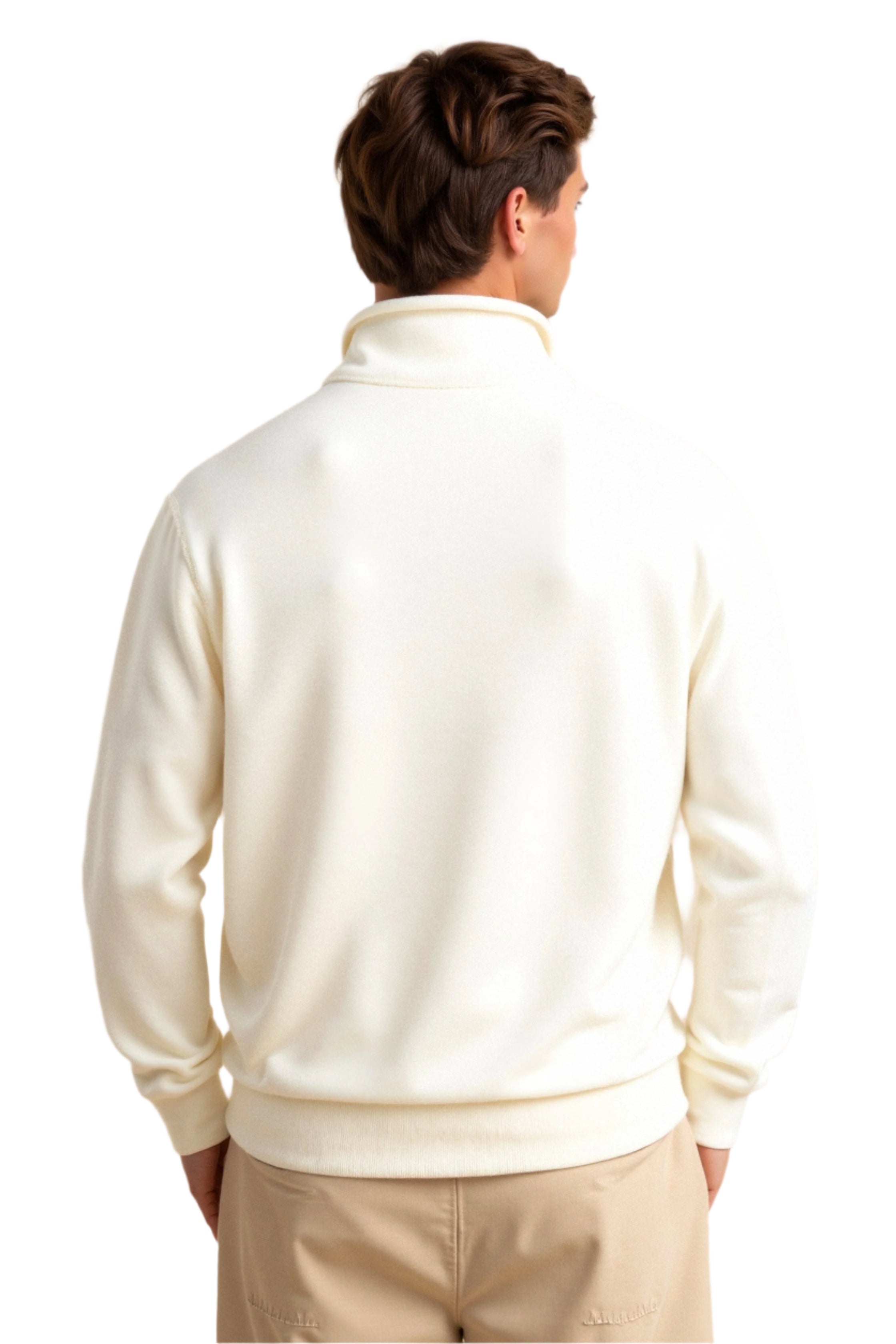 Model wearing zip-up sweater with high neckline and ribbed cuffs