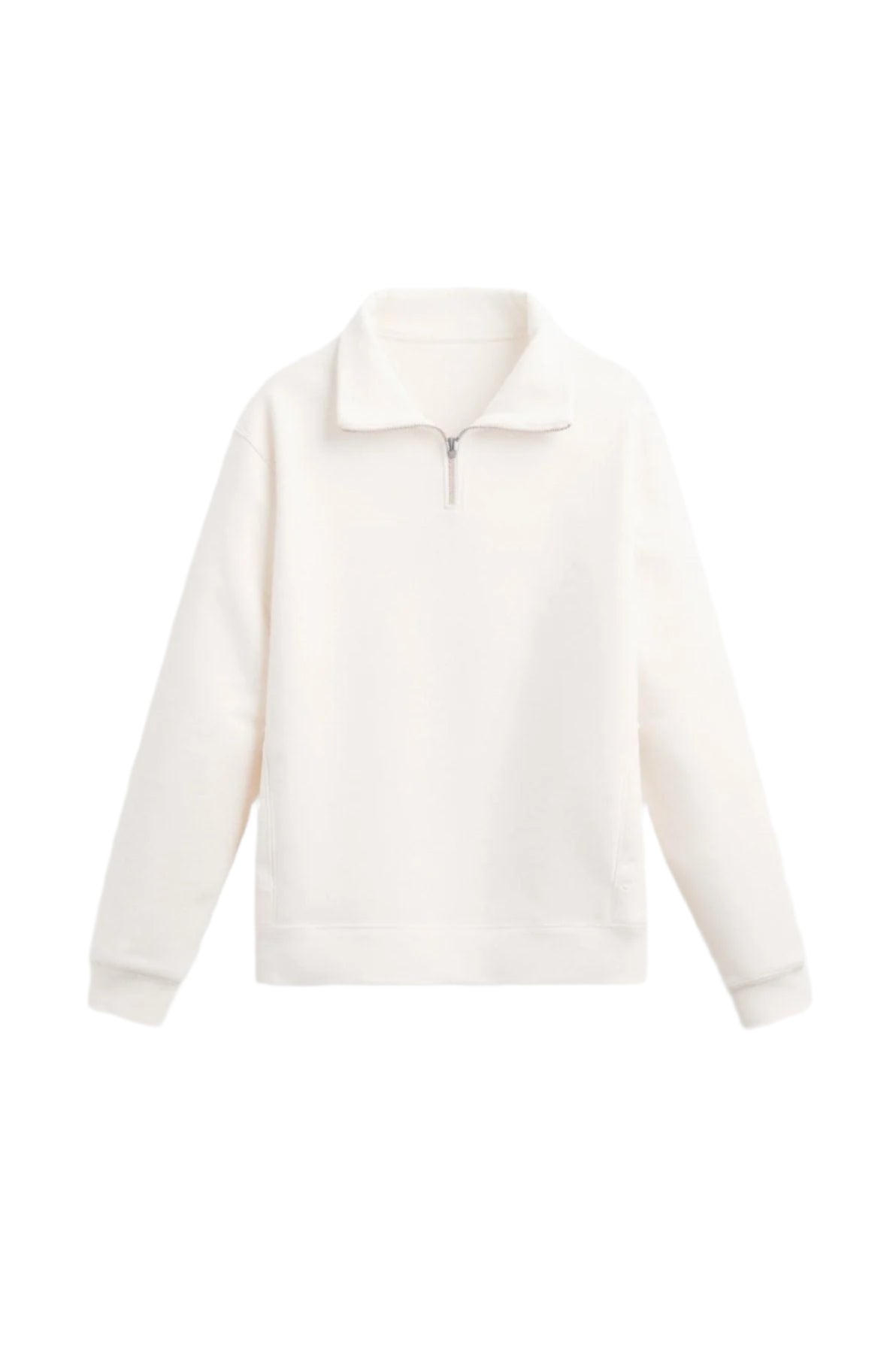 Flat-lay of high-neck sweater with zipper front and ribbed edges