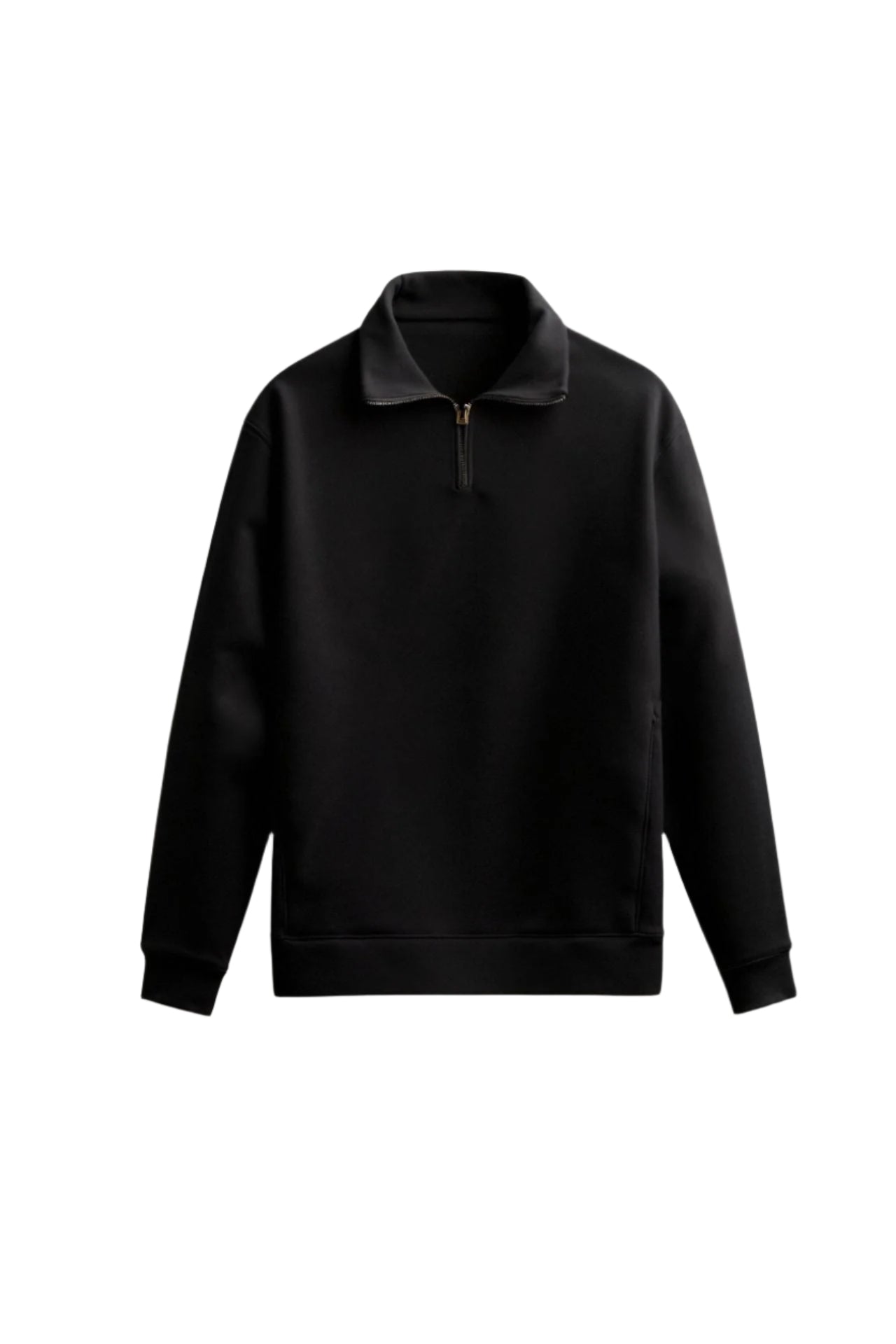 Sweater with front zipper and straight hem, displayed flat